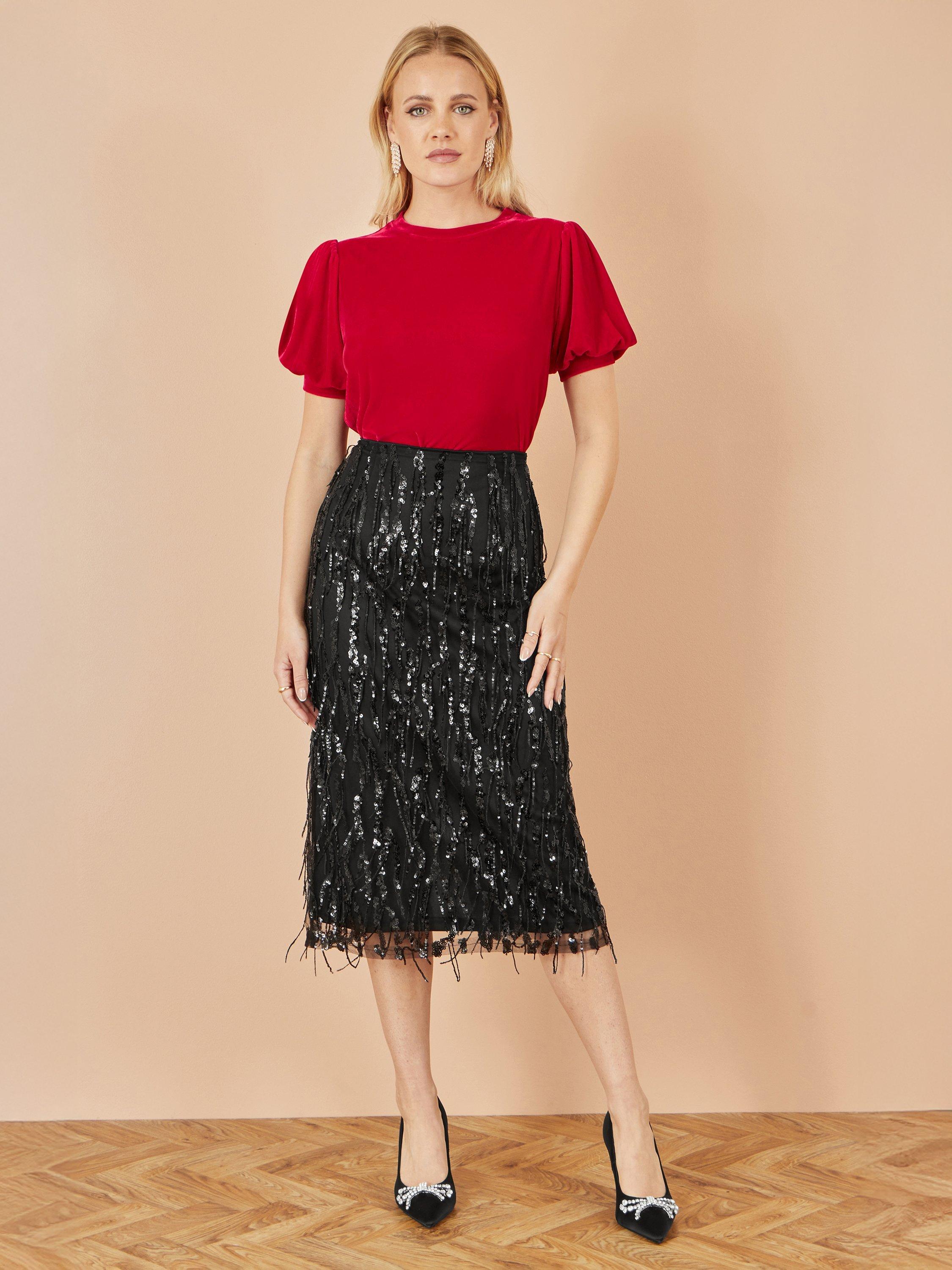 Product image 2 of 5, which shows Yumi Velvet Puff Sleeve Top, Red, 8