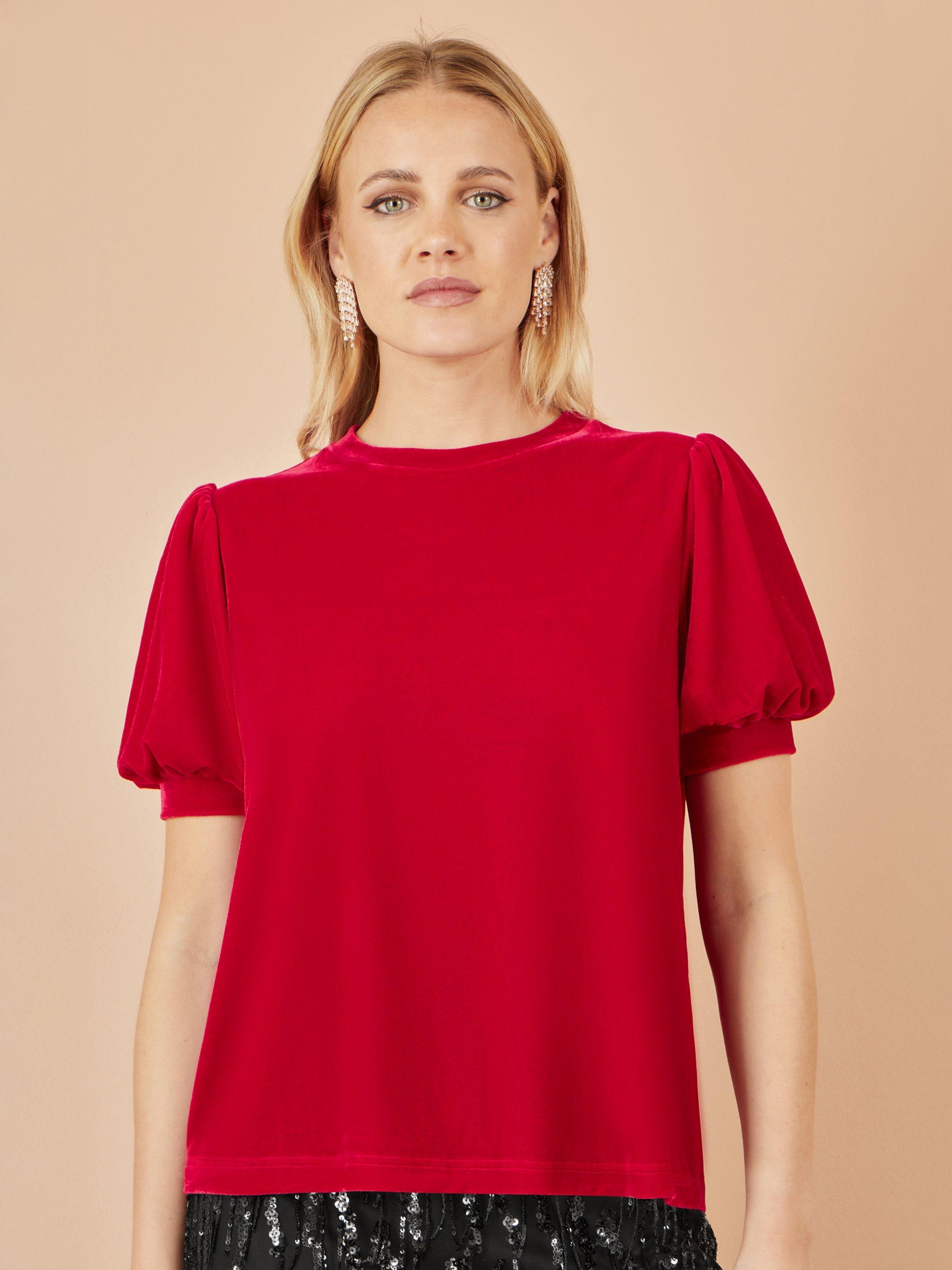 Product image 4 of 5, which shows Yumi Velvet Puff Sleeve Top, Red, 8