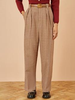 Yumi Check Wide Leg Trousers, Brown - view 2, Brown