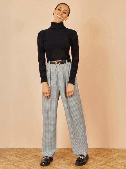 Yumi Check Wide Leg Trousers, Black, Black