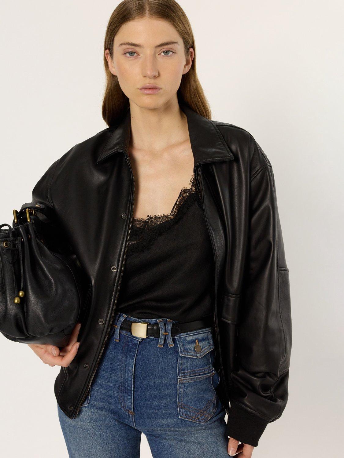 Product image 1 of 7, which shows Gerard Darel Nima Suede Leather Jacket , Black, 10