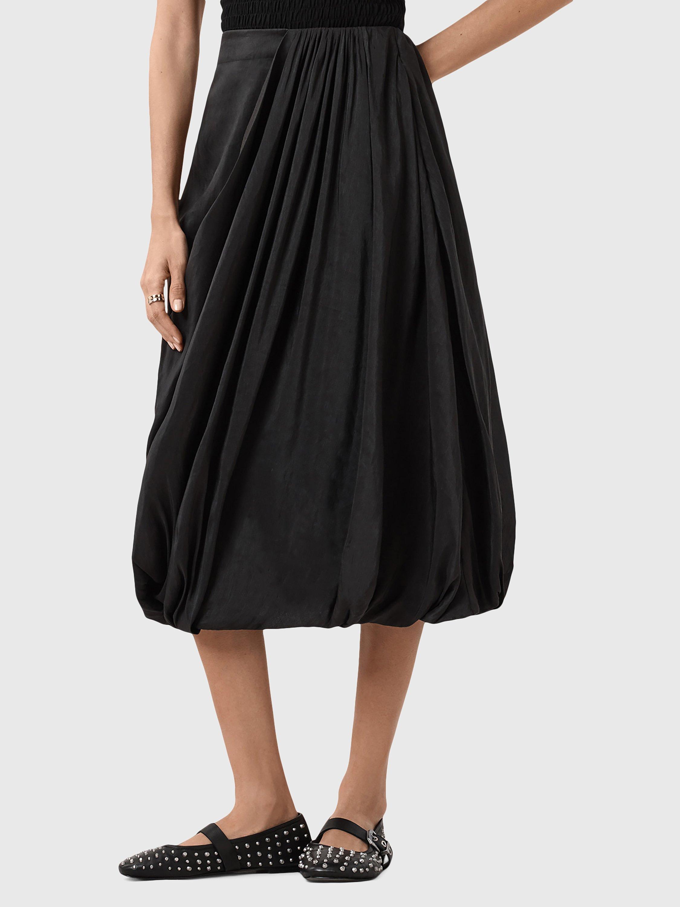 Product image 1 of 6, which shows AllSaints Nia Draped Midi Skirt, Black, 6