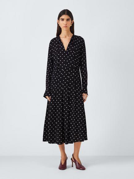 John Lewis Sophia Long Sleeve Polka Dot Midi Dress containing LENZING™ ECOVERO™ Viscose, Black, Black