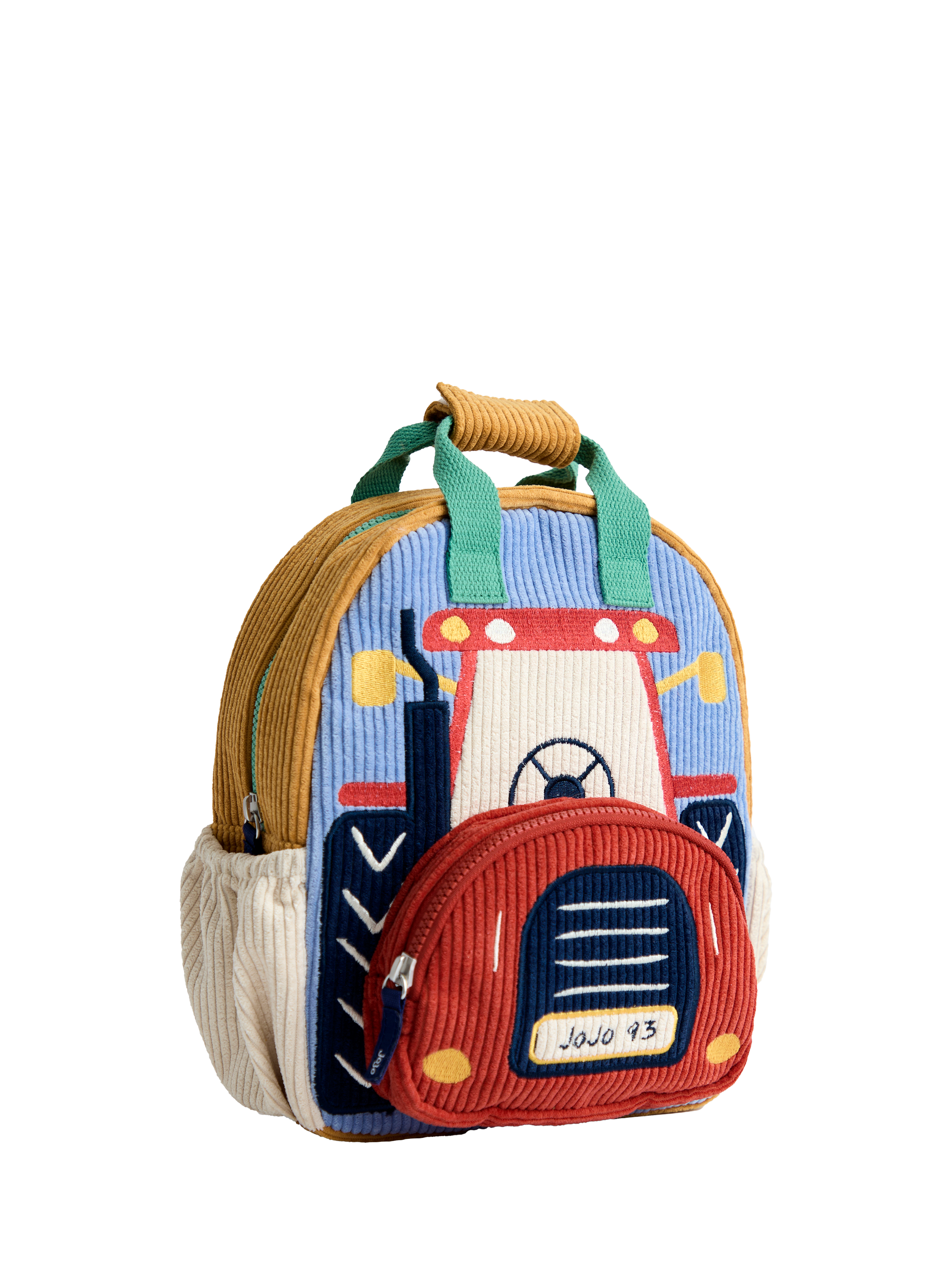 Product image 1 of 6, which shows JoJo Maman Bébé Kids' Corduroy Tractor Backpack, Red