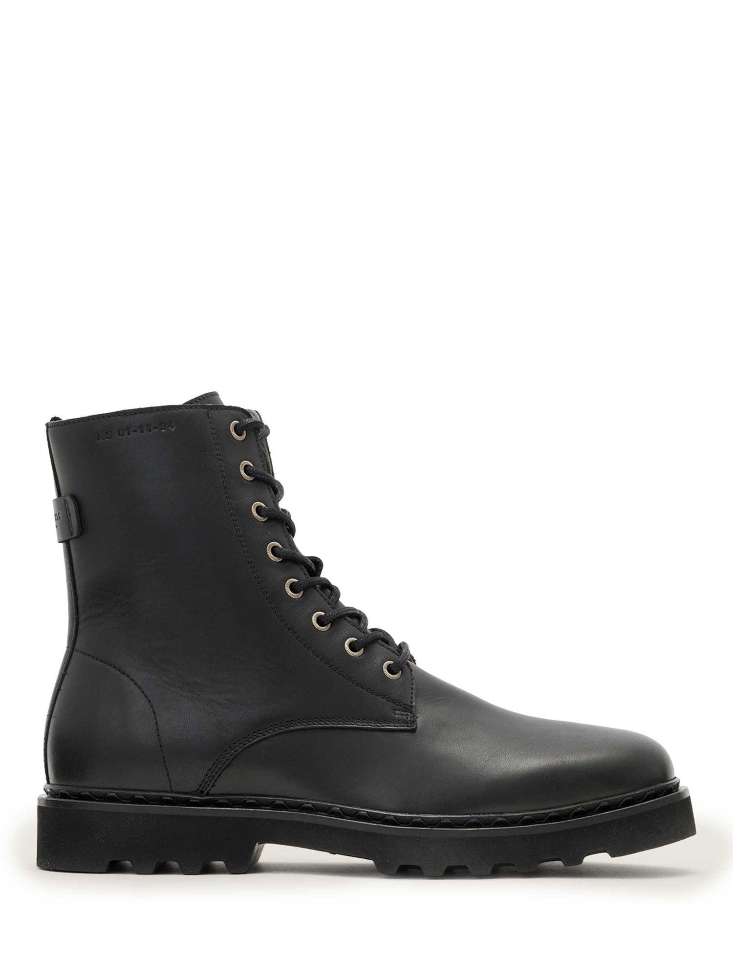 Product image 1 of 5, which shows AllSaints Skiff Leather Military Boots, Black, EU44