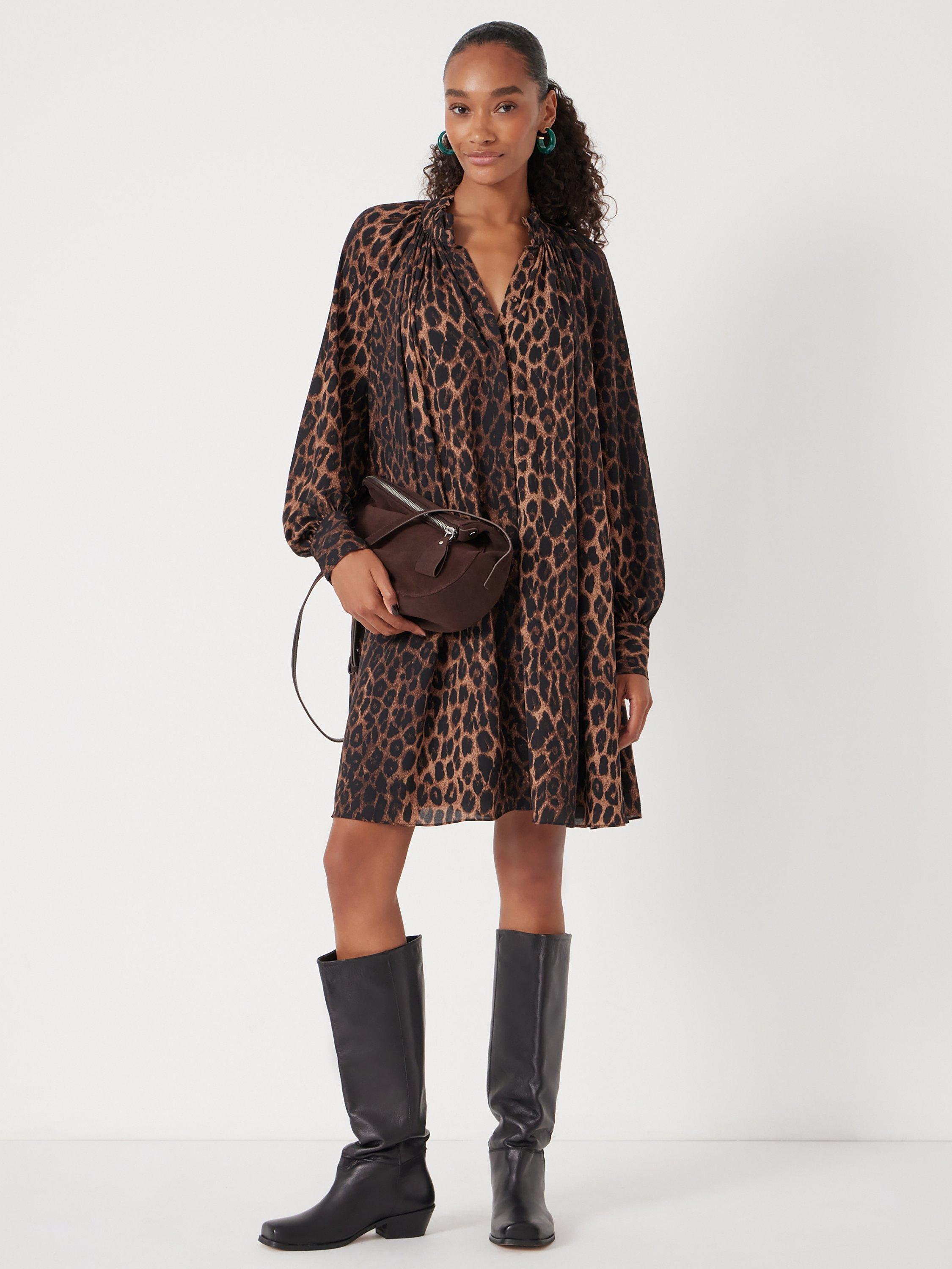 Product image 1 of 6, which shows HUSH Leopard Print Chiffon Mini Dress, Brown, M-L
