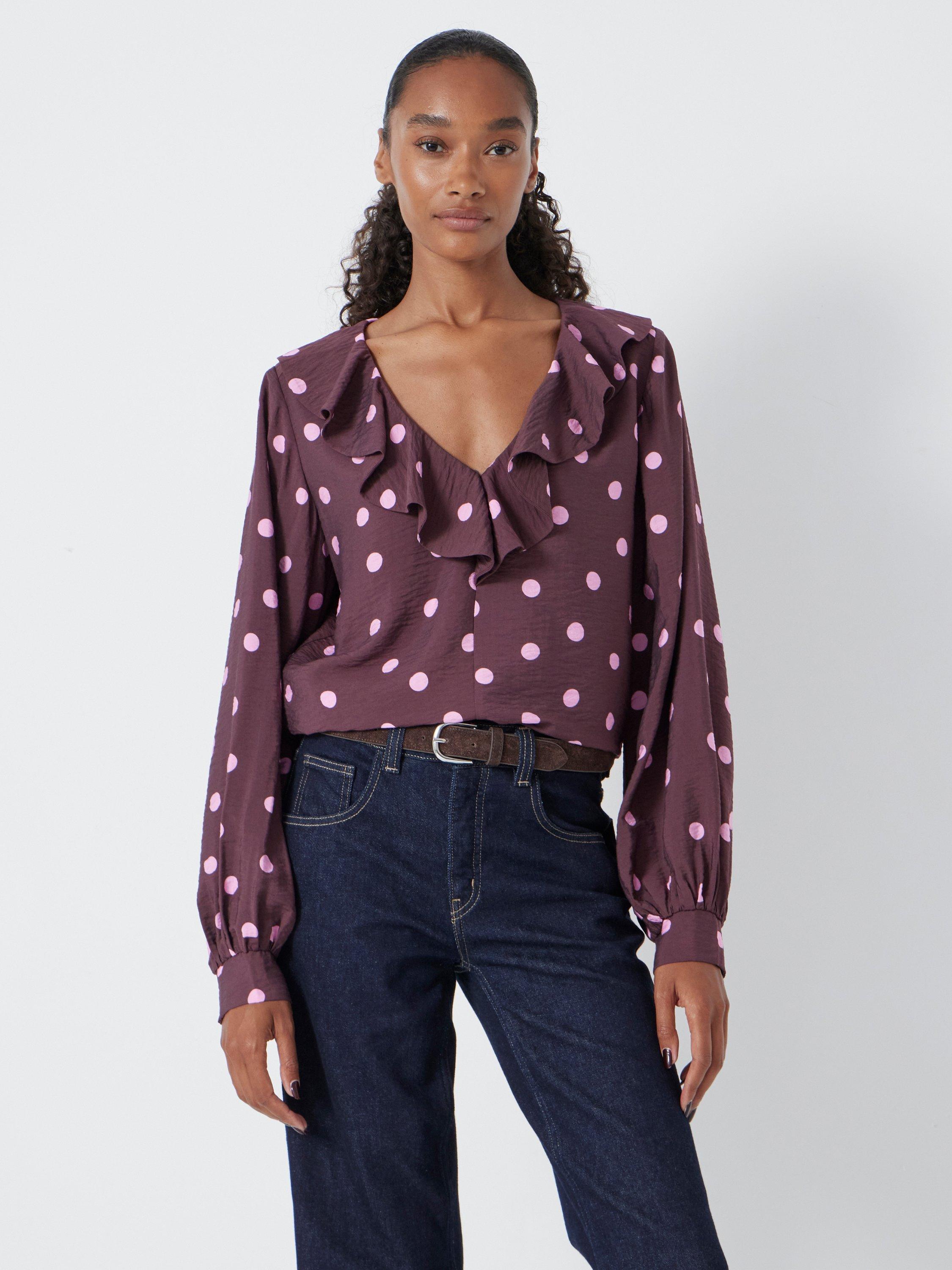 Product image 1 of 5, which shows HUSH Ruffle Polka Dot Top containing LENZING™ ECOVERO™ Viscose, Burgundy, XXS