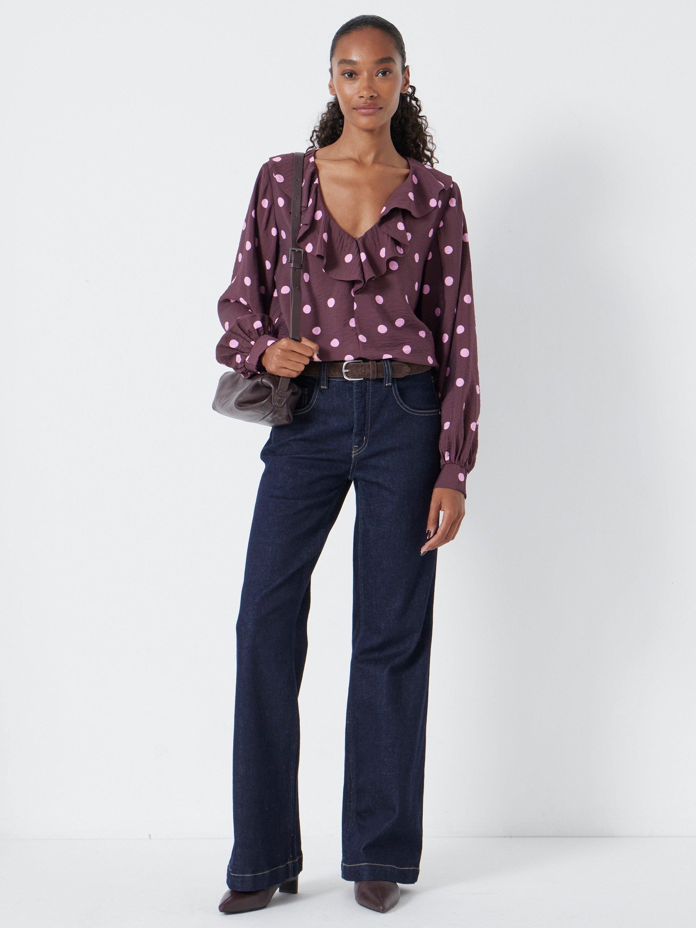 Product image 2 of 5, which shows HUSH Ruffle Polka Dot Top containing LENZING™ ECOVERO™ Viscose, Burgundy, XXS