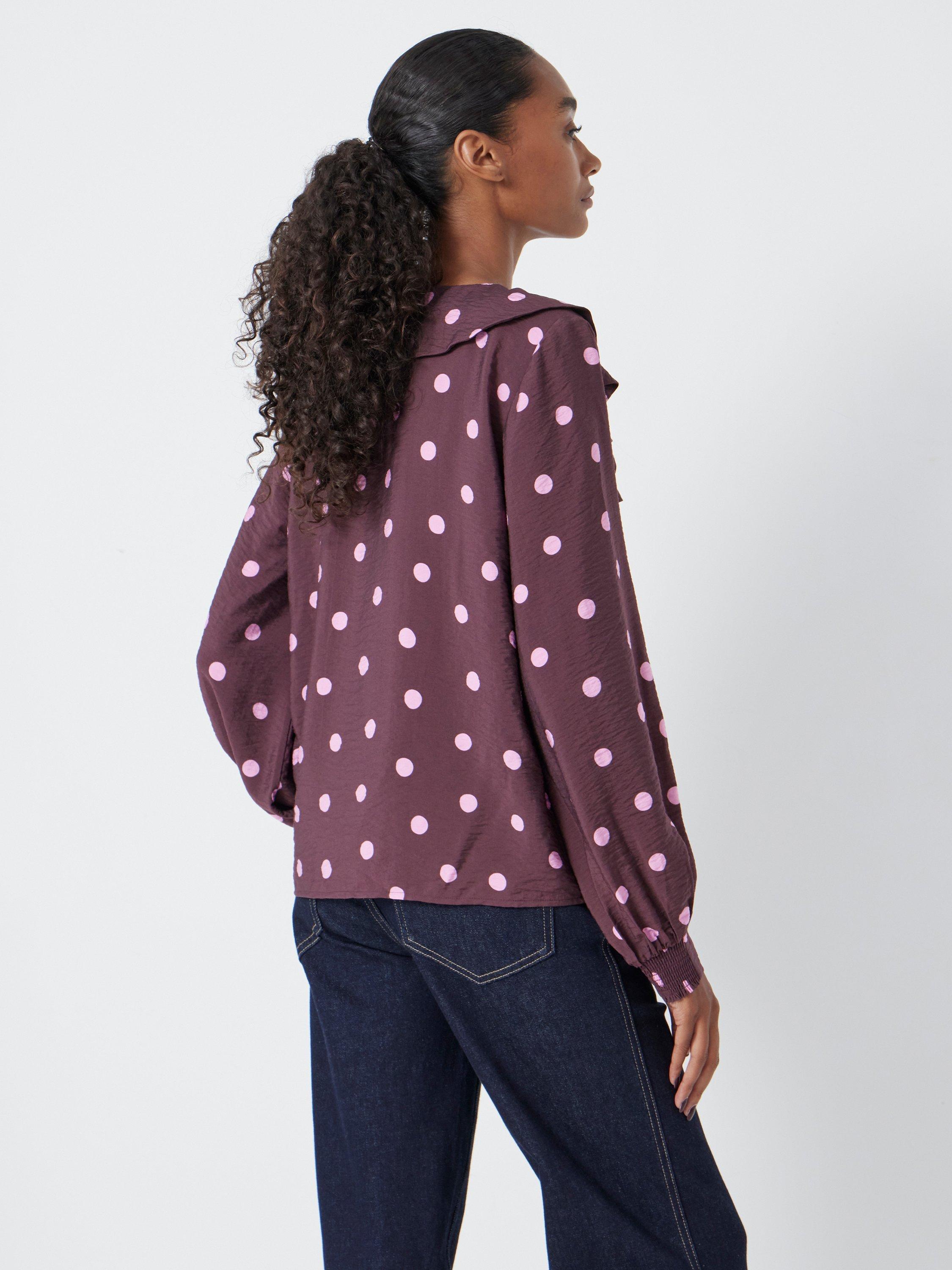 Product image 3 of 5, which shows HUSH Ruffle Polka Dot Top containing LENZING™ ECOVERO™ Viscose, Burgundy, XXS