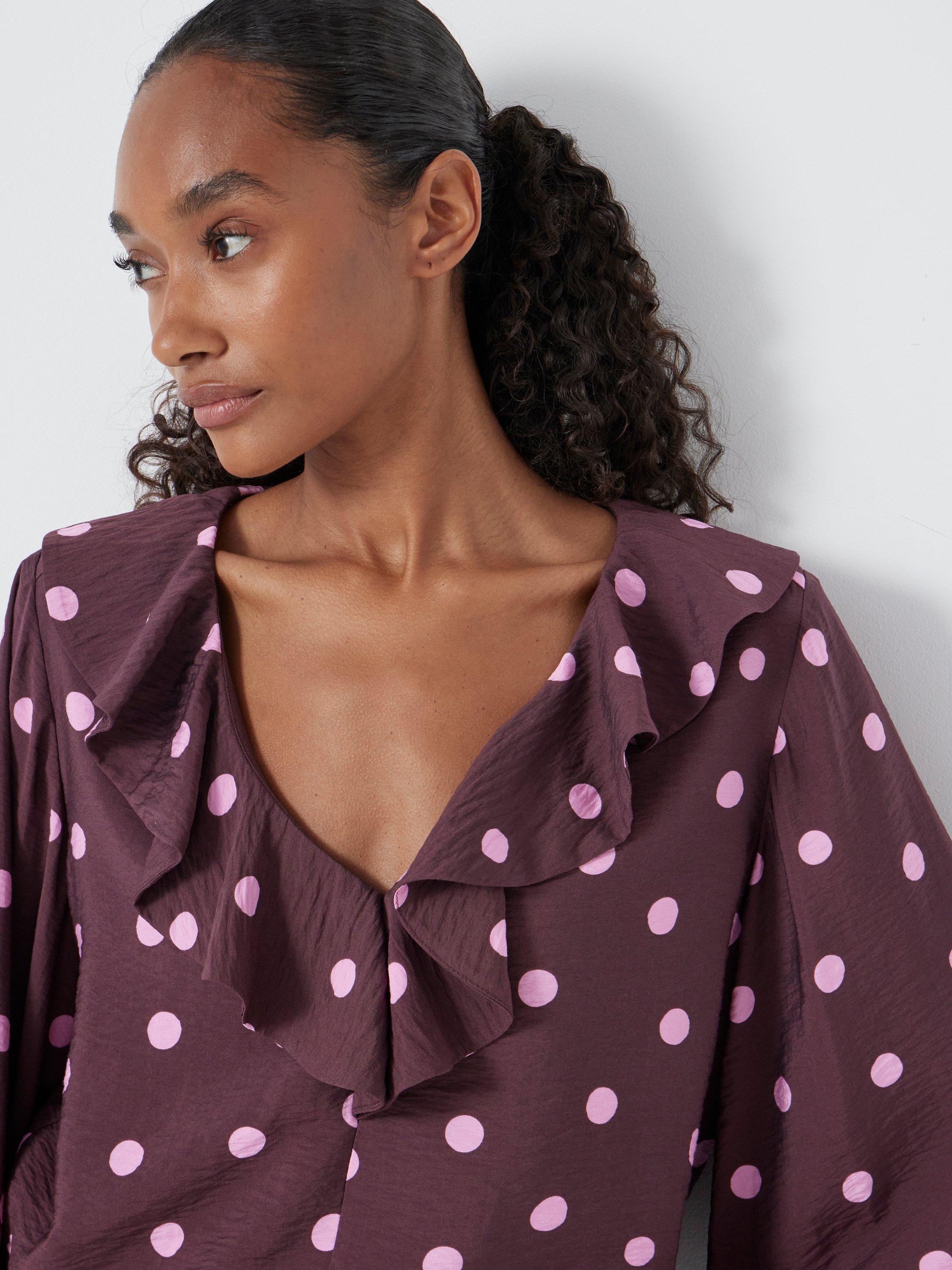 Product image 4 of 5, which shows HUSH Ruffle Polka Dot Top containing LENZING™ ECOVERO™ Viscose, Burgundy, XXS