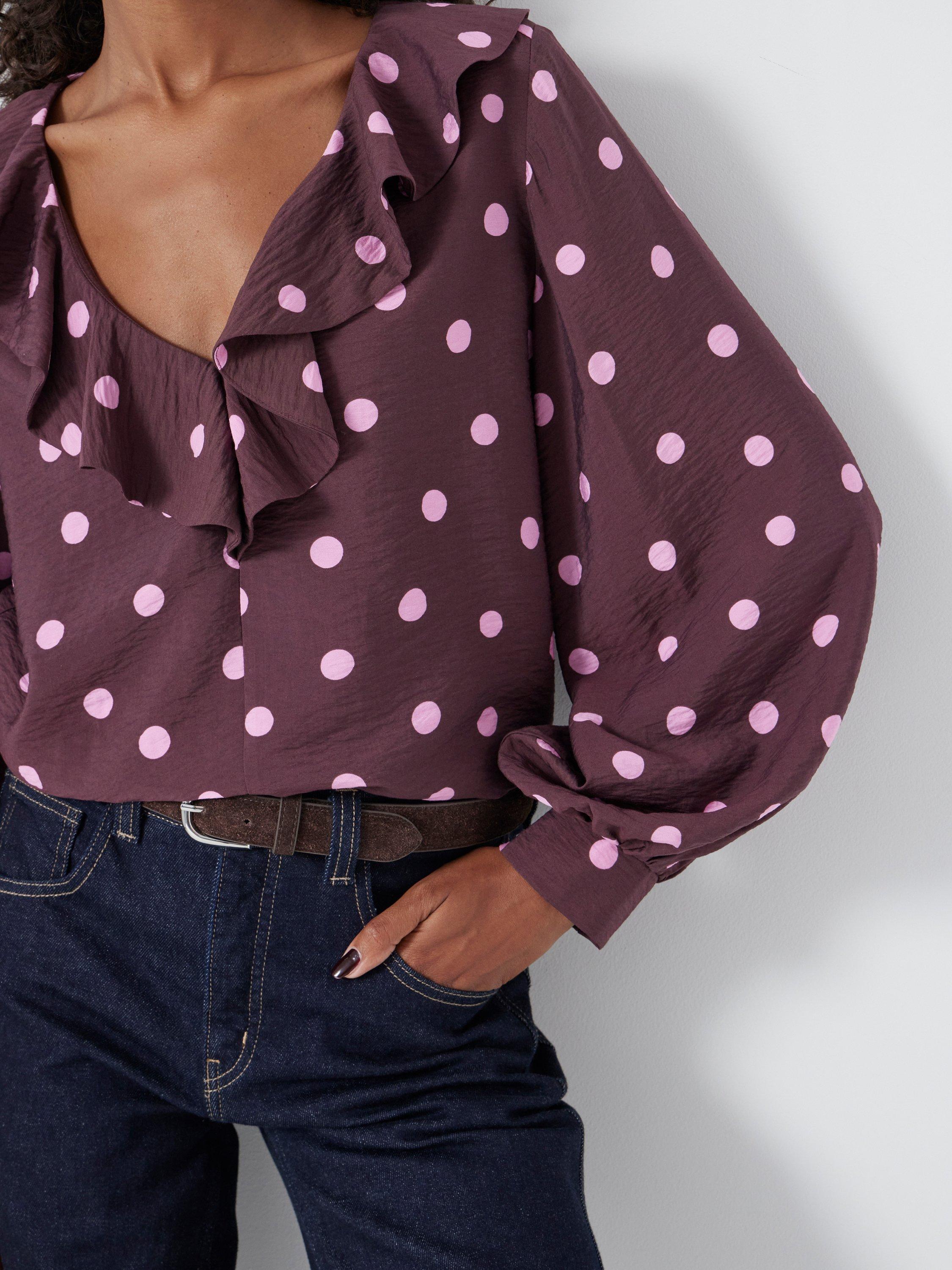Product image 5 of 5, which shows HUSH Ruffle Polka Dot Top containing LENZING™ ECOVERO™ Viscose, Burgundy, XXS
