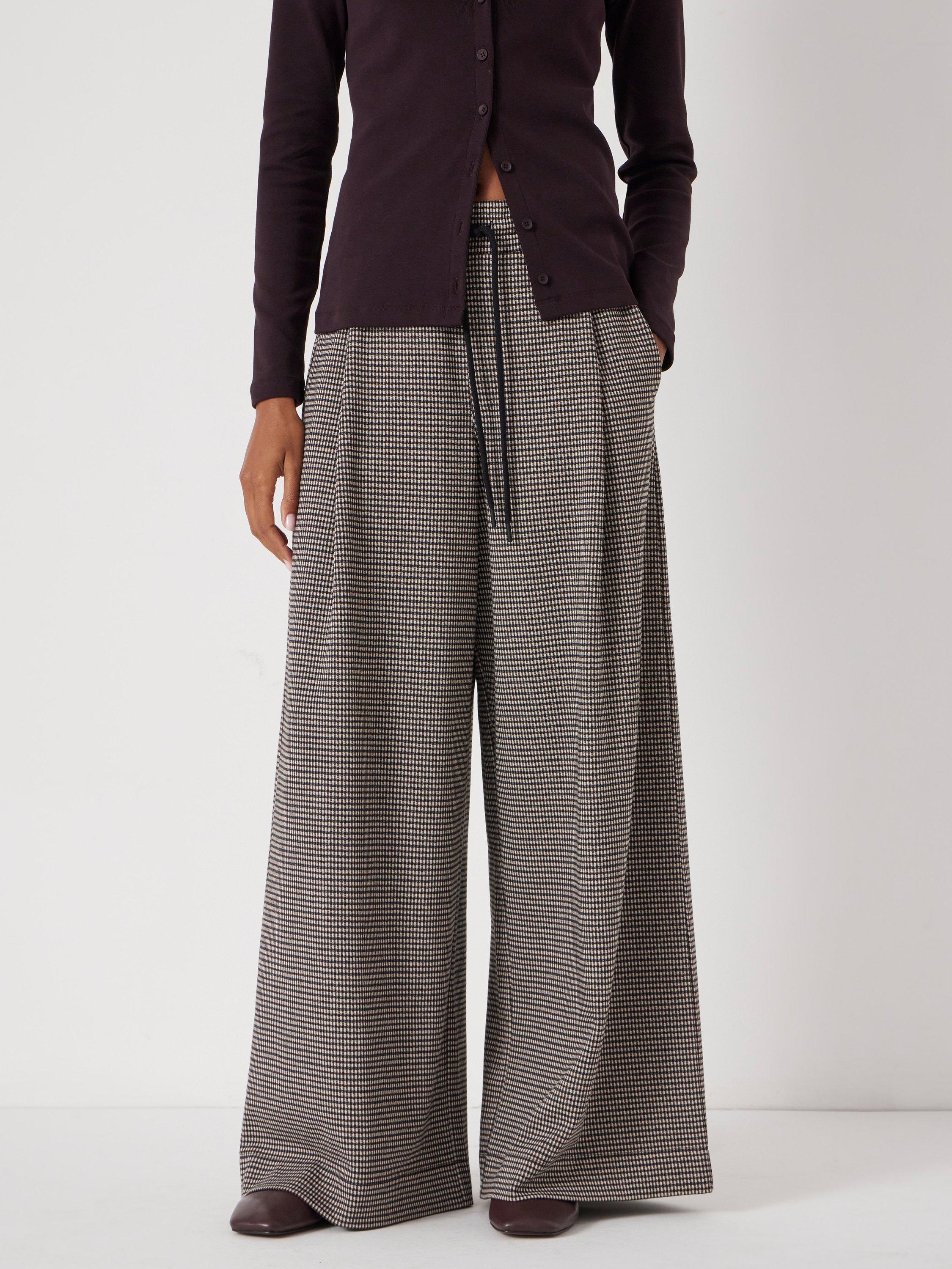 Product image 1 of 6, which shows HUSH Check Jersey Wide Leg Trousers, Brown, L-XL