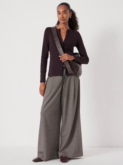 HUSH Check Jersey Wide Leg Trousers, Brown - view 2, Brown