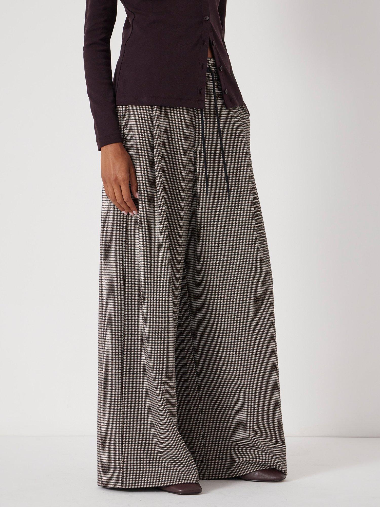 Product image 3 of 6, which shows HUSH Check Jersey Wide Leg Trousers, Brown, L-XL