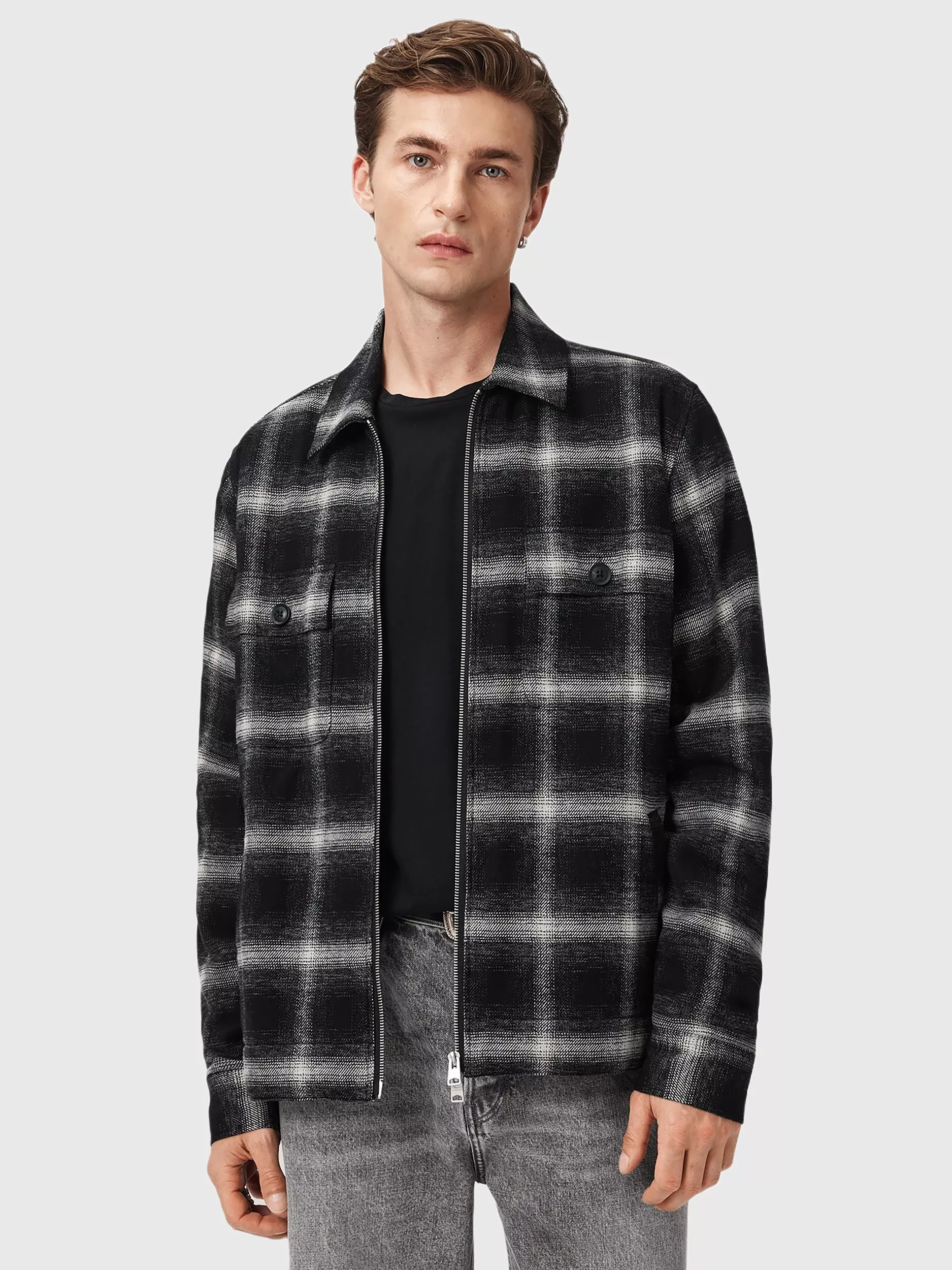 AllSaints Bayo Sherpa Zip Front Check Cotton Shirt Jacket