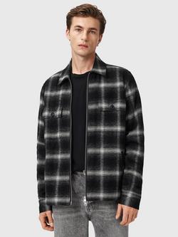 AllSaints Bayo Sherpa Zip Front Check Cotton Shirt Jacket, Black/Multi