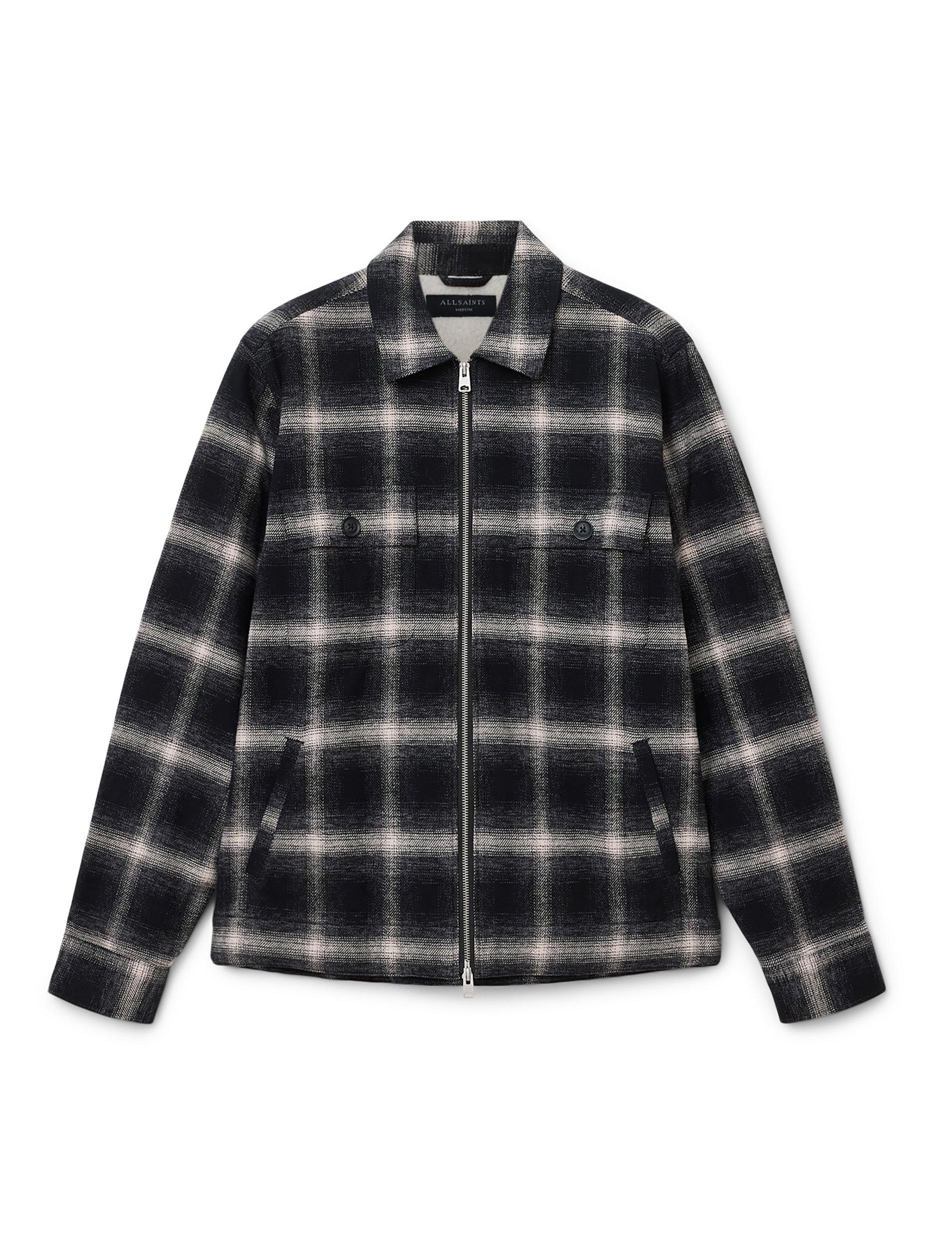 AllSaints Bayo Sherpa Zip Front Check Cotton Shirt Jacket