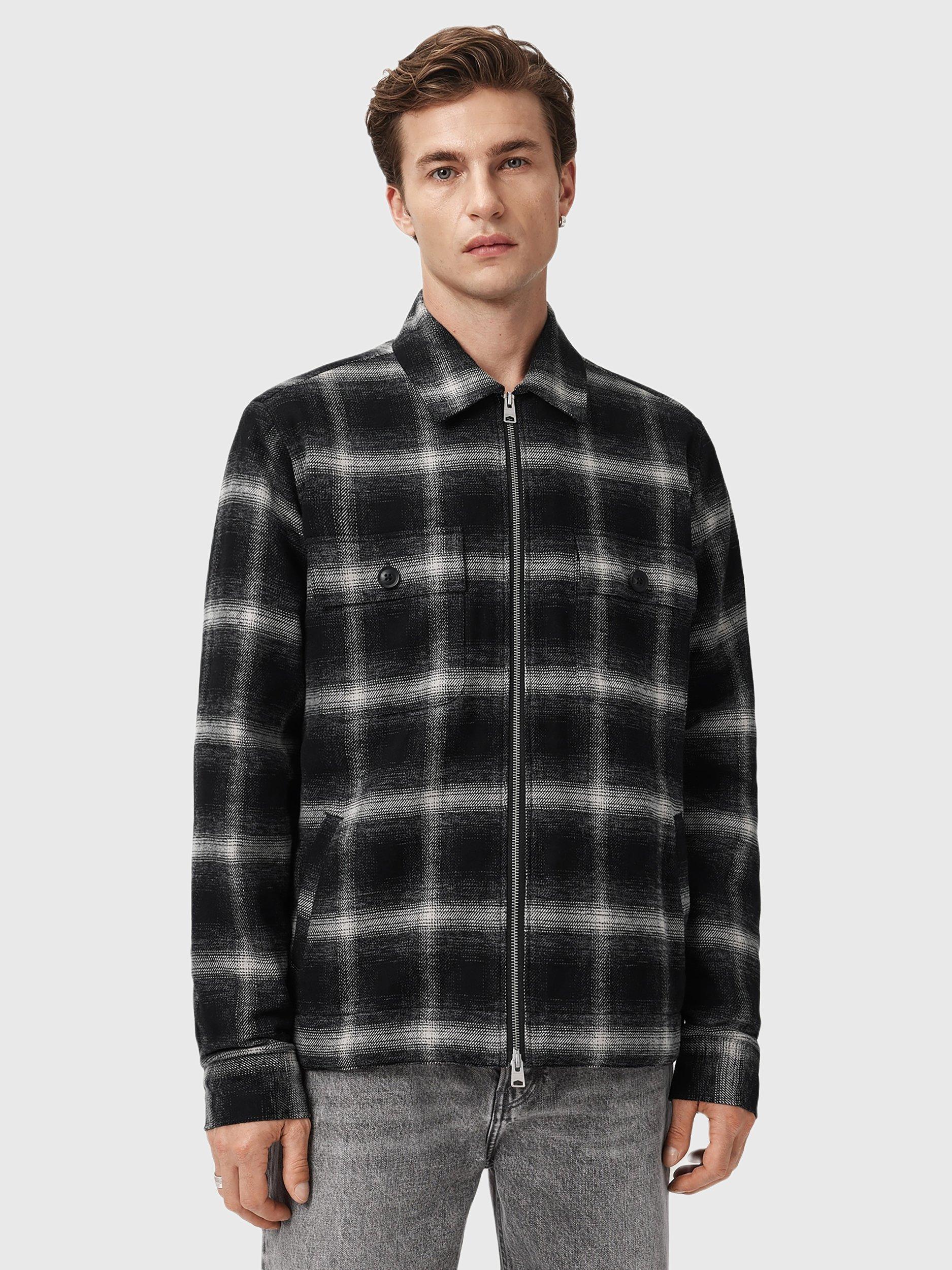 AllSaints Bayo Sherpa Zip Front Check Cotton Shirt Jacket