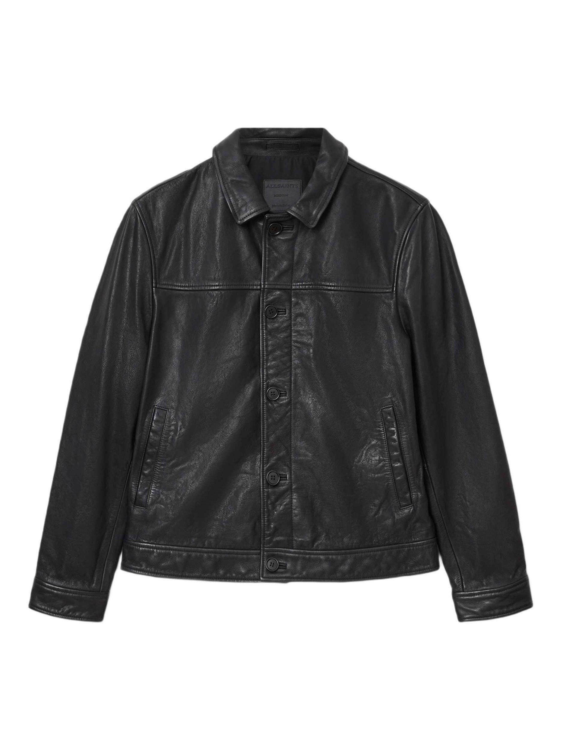 Product image 4 of 6, which shows AllSaints Nates Leather Jacket, Black, XS