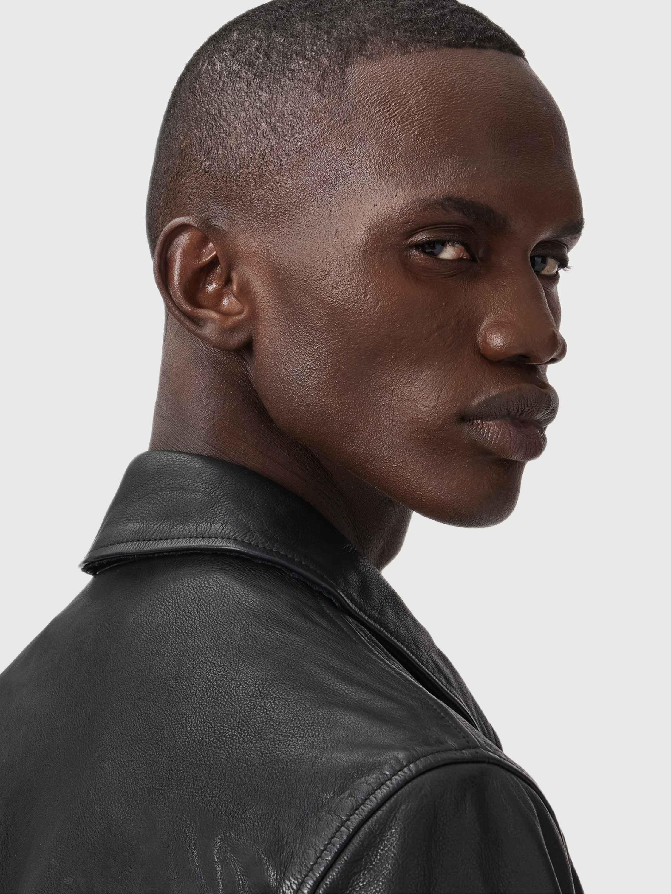 Product image 5 of 6, which shows AllSaints Nates Leather Jacket, Black, XS