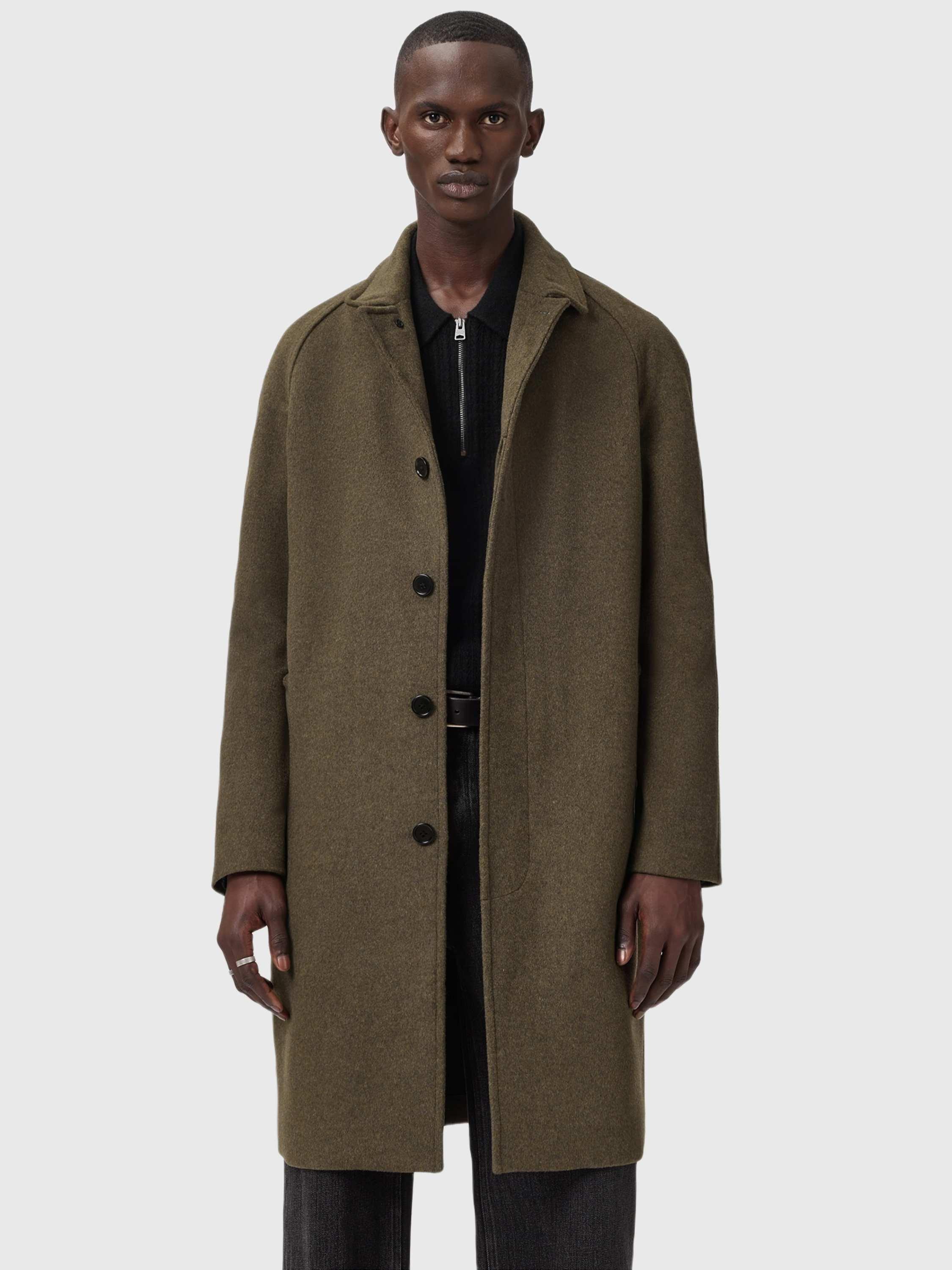 Product image 1 of 7, which shows AllSaints Wool Blend Overcoat, Mid Brown, 34R