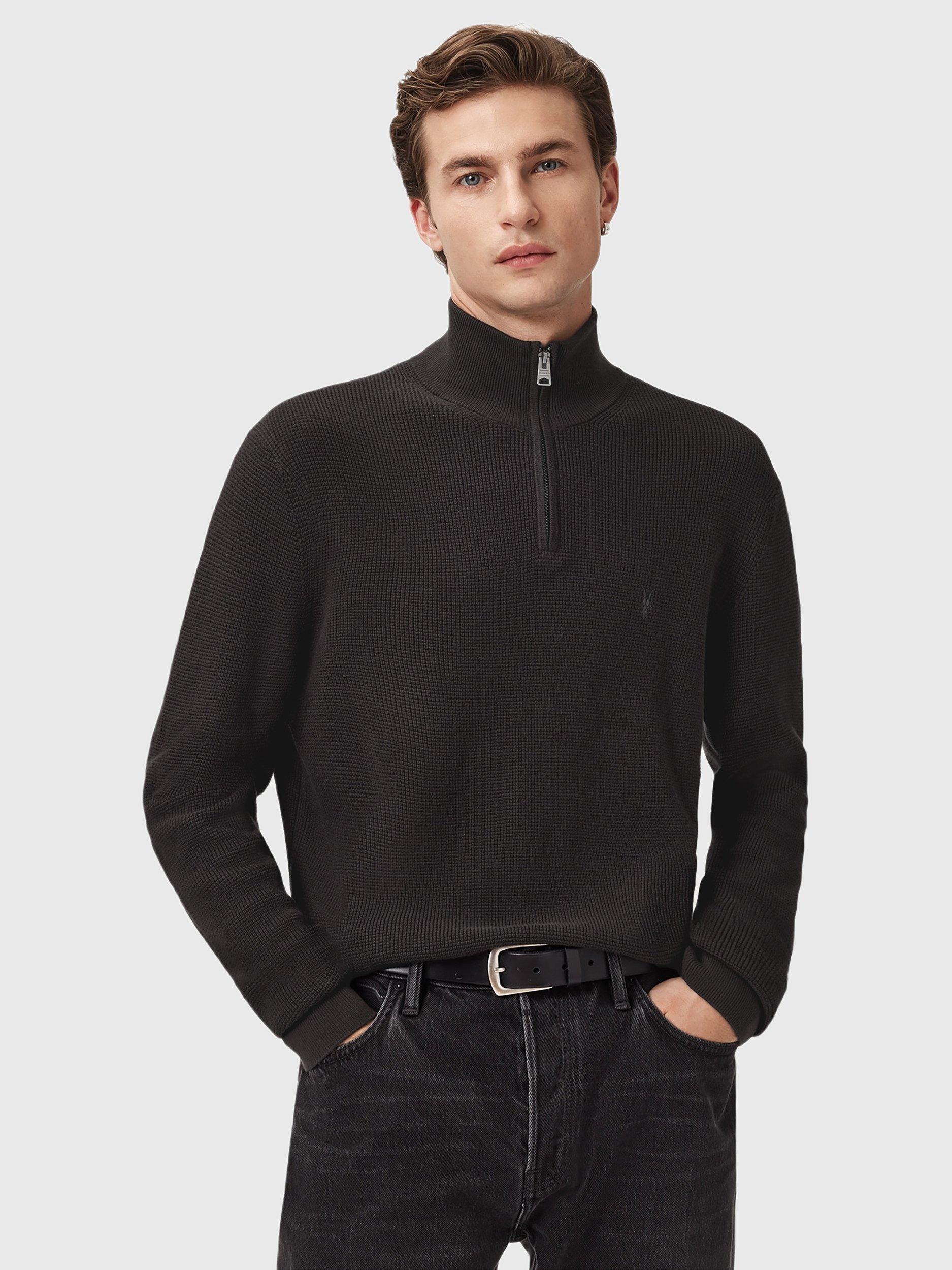 Product image 1 of 8, which shows AllSaints Aspen Half Zip Cotton Wool Blend Jumper, Dark Brown, L