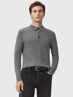 AllSaints Mode Long Sleeve Wool Polo Shirt, Mid Grey