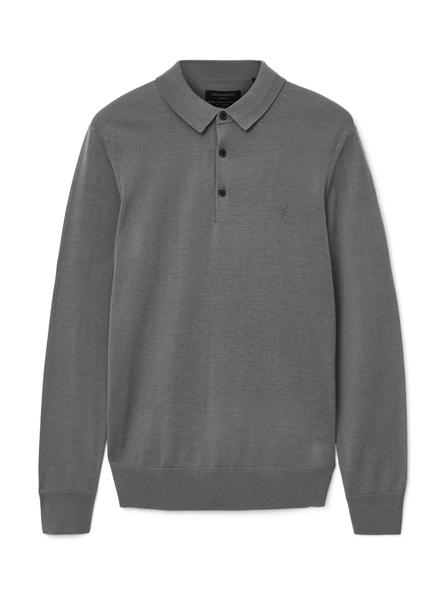 Product image 4 of 8, which shows AllSaints Mode Long Sleeve Wool Polo Shirt, Mid Grey, L