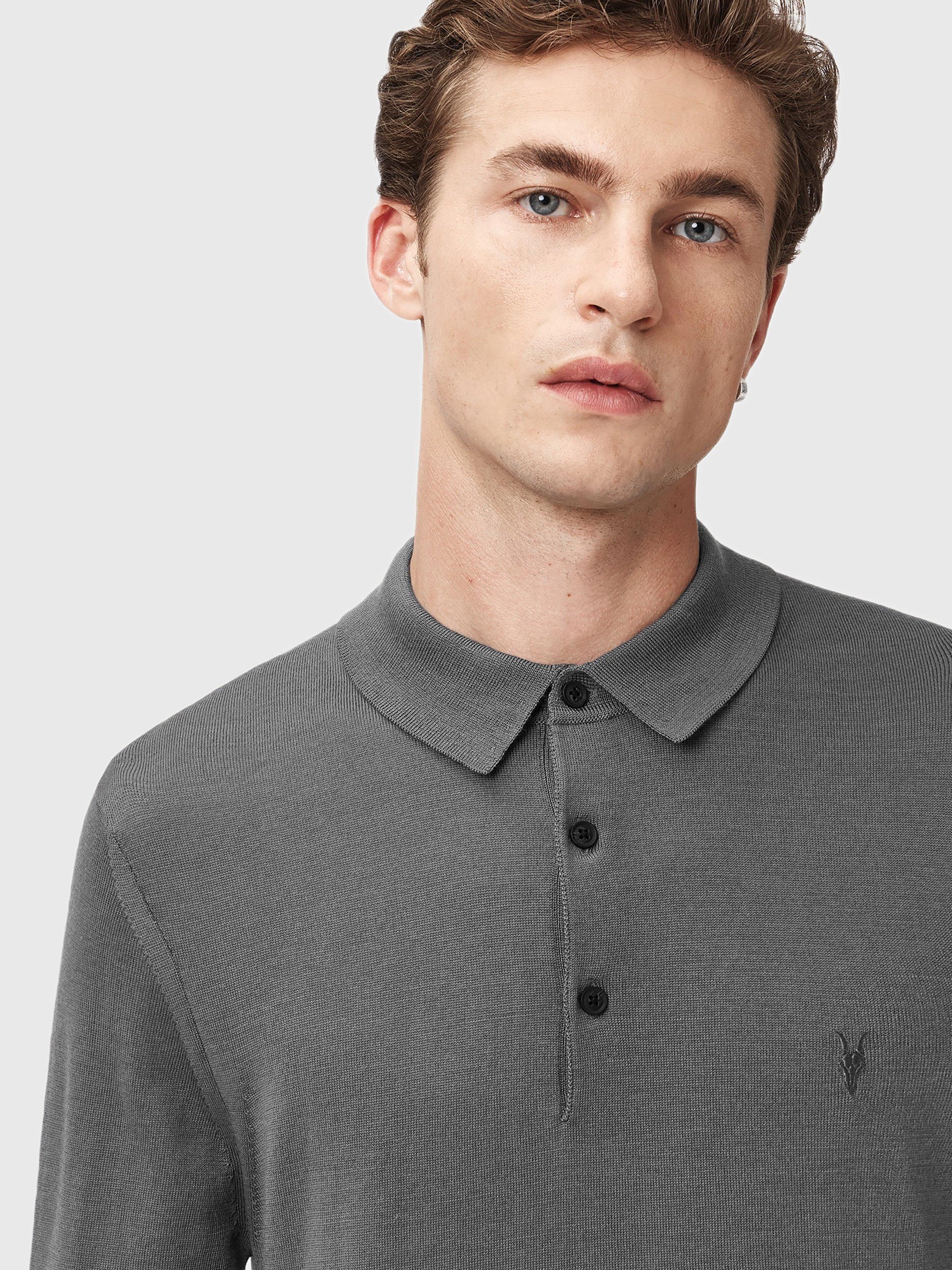 Product image 7 of 8, which shows AllSaints Mode Long Sleeve Wool Polo Shirt, Mid Grey, L