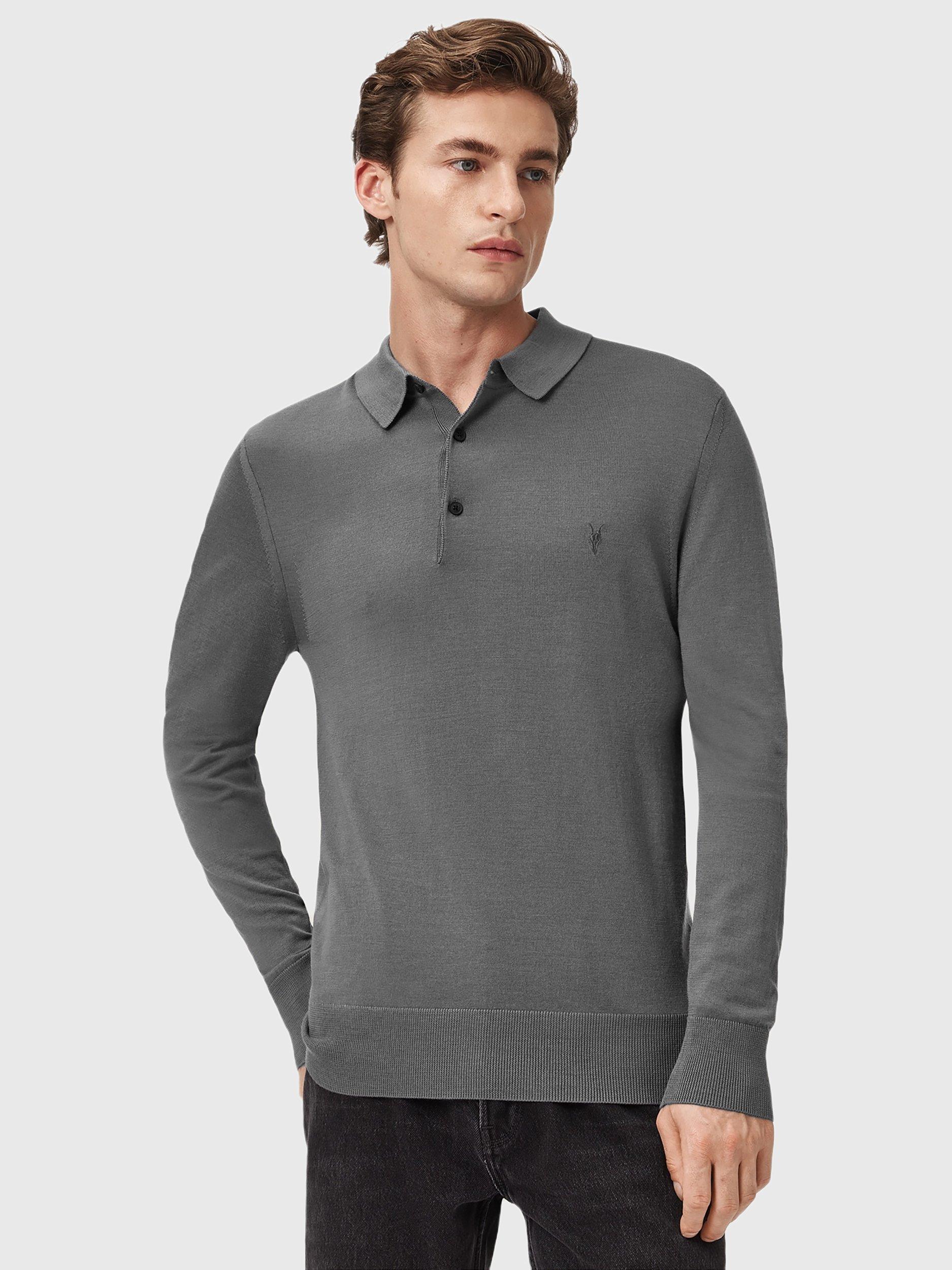 Product image 8 of 8, which shows AllSaints Mode Long Sleeve Wool Polo Shirt, Mid Grey, L