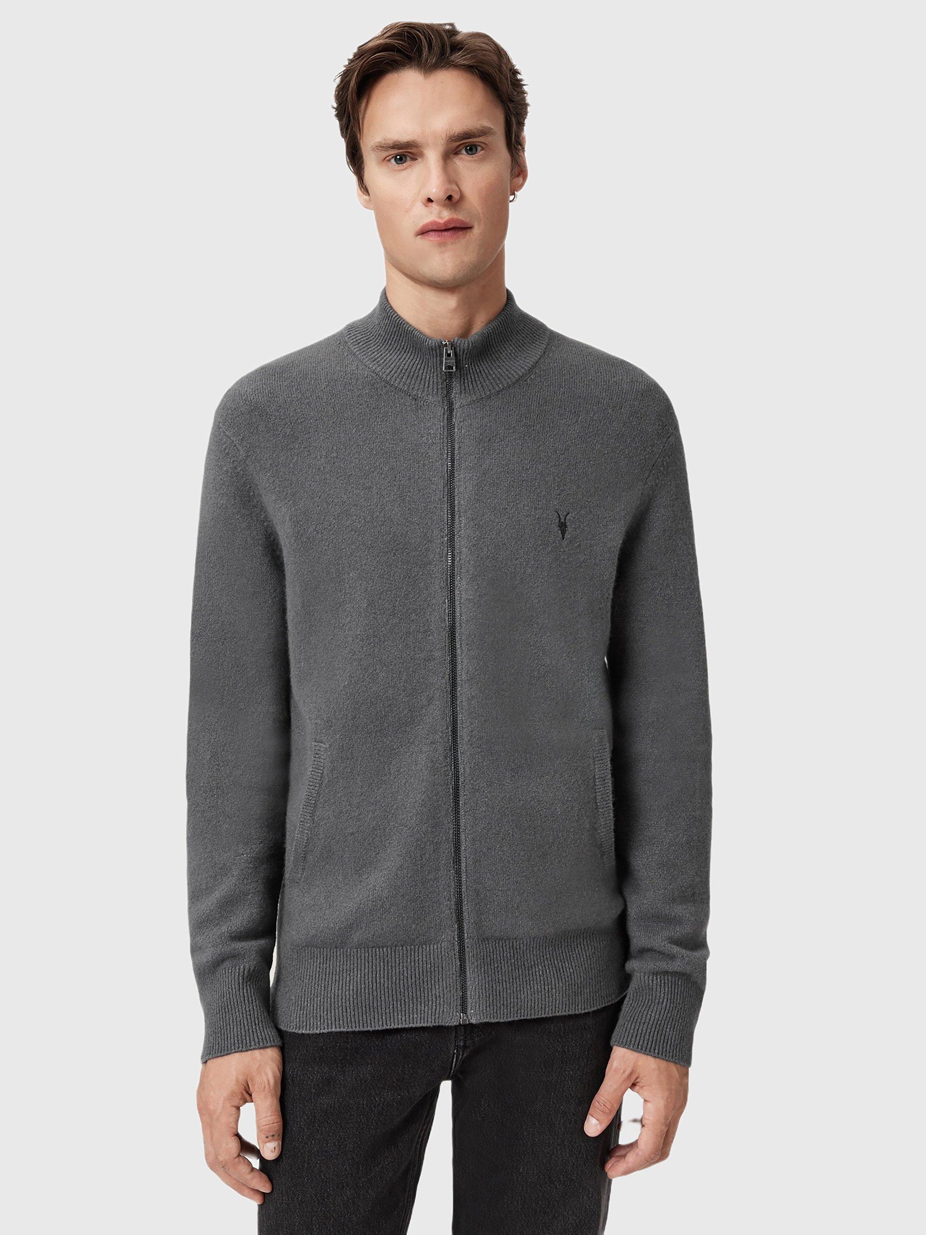 Product image 1 of 7, which shows AllSaints Statten Wool Blend High Neck Cardigan, Mid Grey, XS