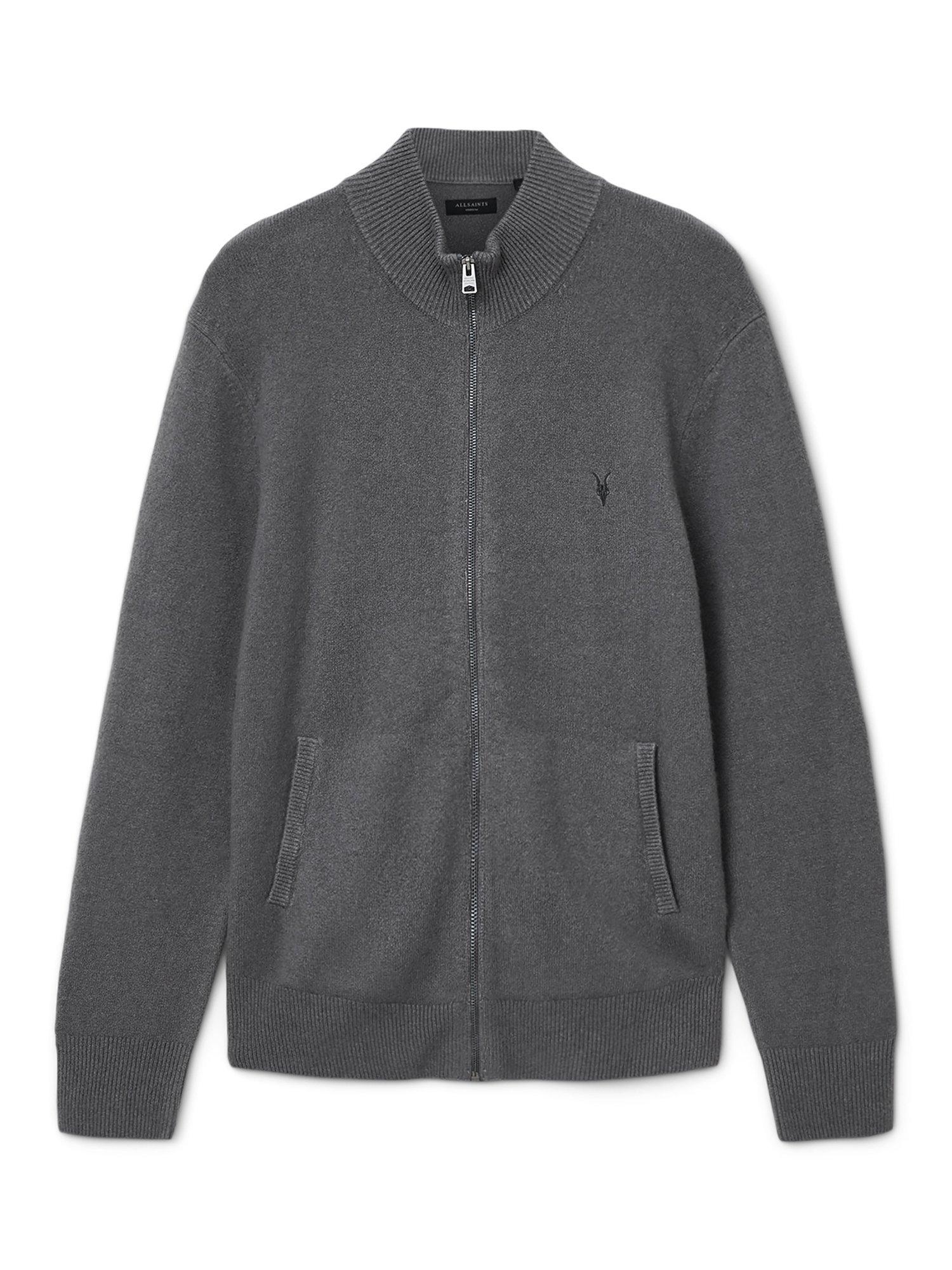 Product image 4 of 7, which shows AllSaints Statten Wool Blend High Neck Cardigan, Mid Grey, XS
