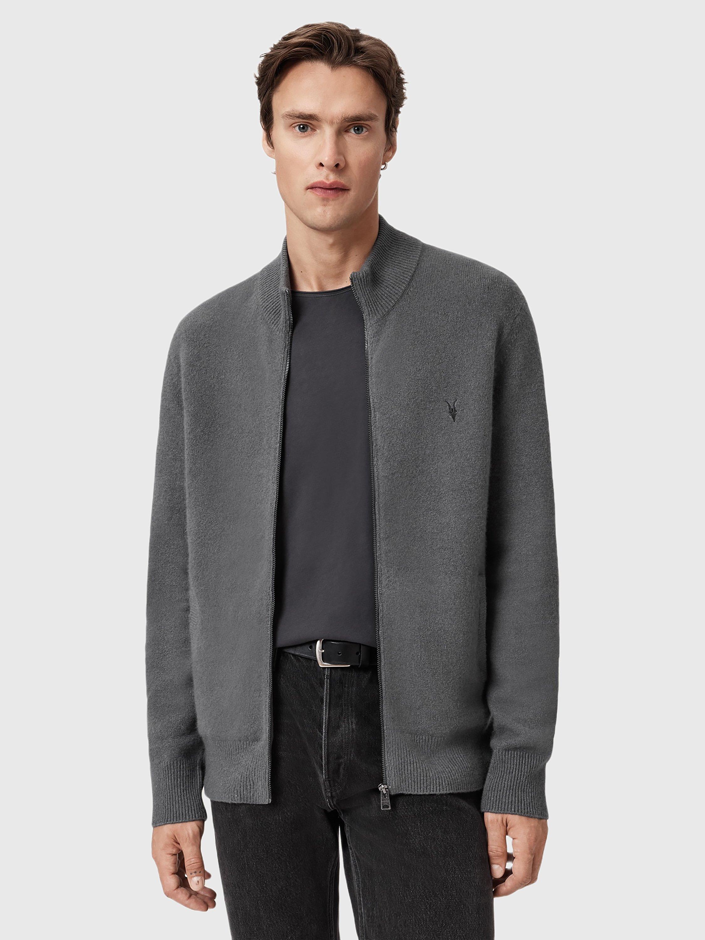 Product image 6 of 7, which shows AllSaints Statten Wool Blend High Neck Cardigan, Mid Grey, XS