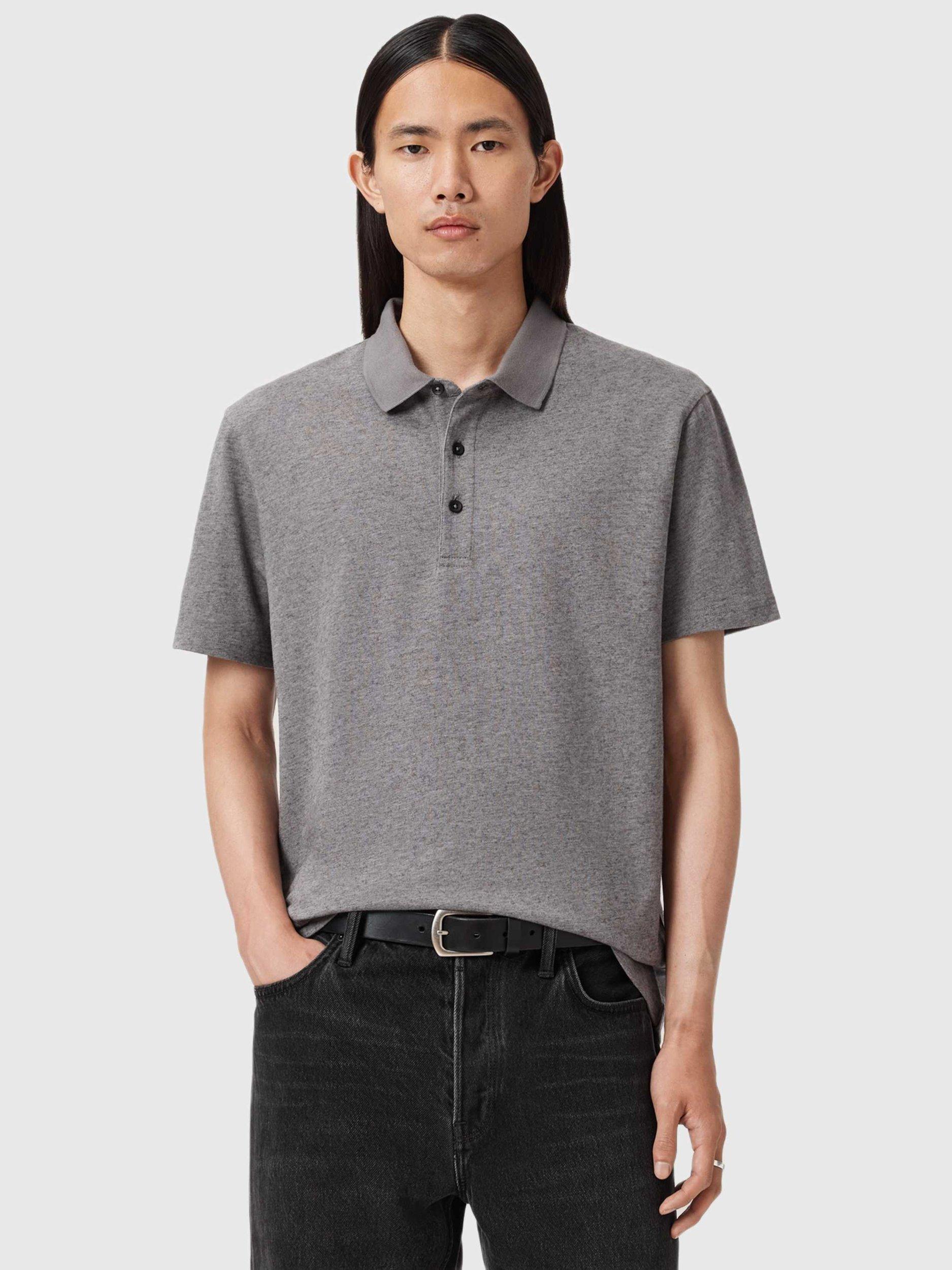 Product image 1 of 9, which shows AllSaints Rowan Cotton Wool Blend Polo Shirt, Grey Mid, XS