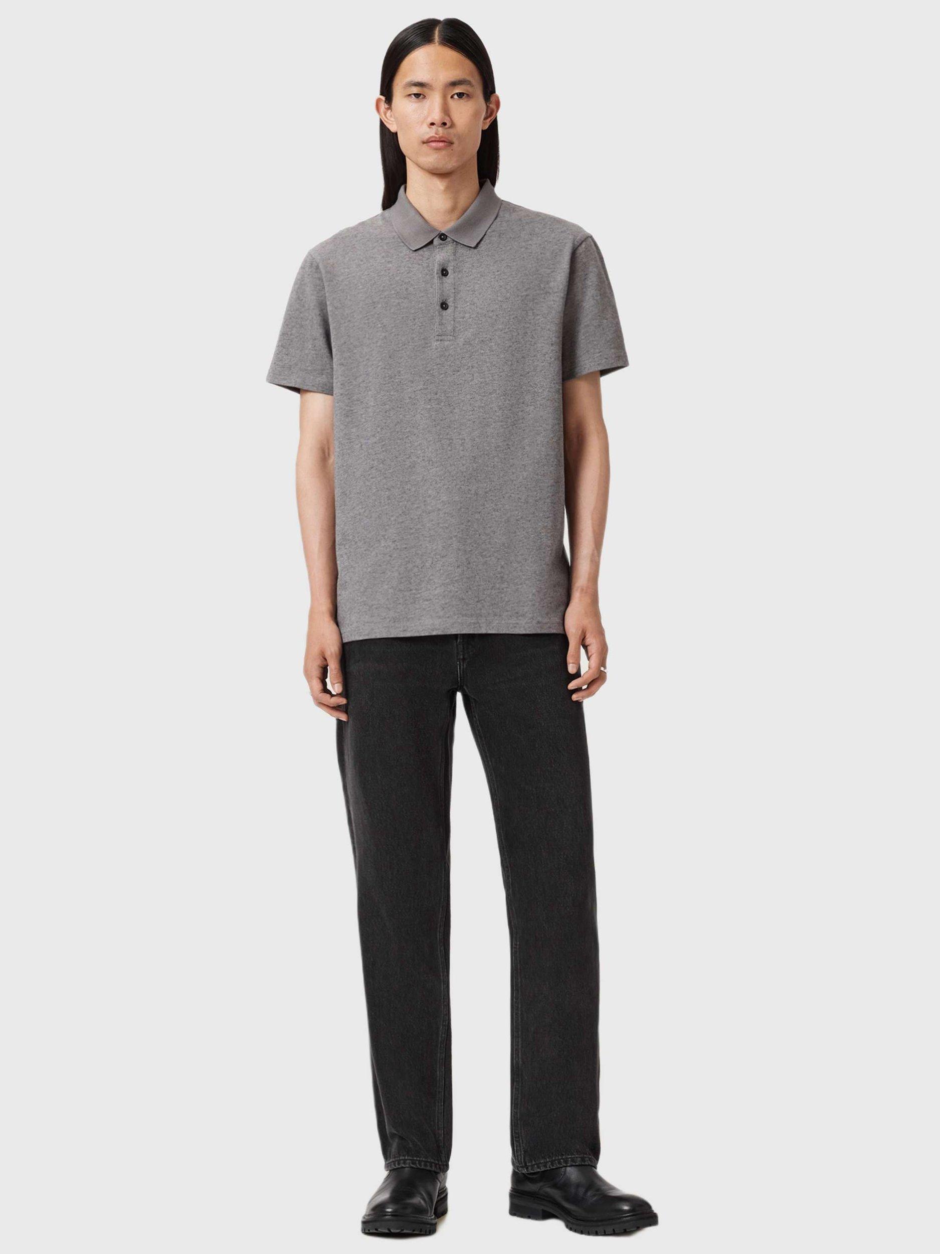 Product image 3 of 9, which shows AllSaints Rowan Cotton Wool Blend Polo Shirt, Grey Mid, XS