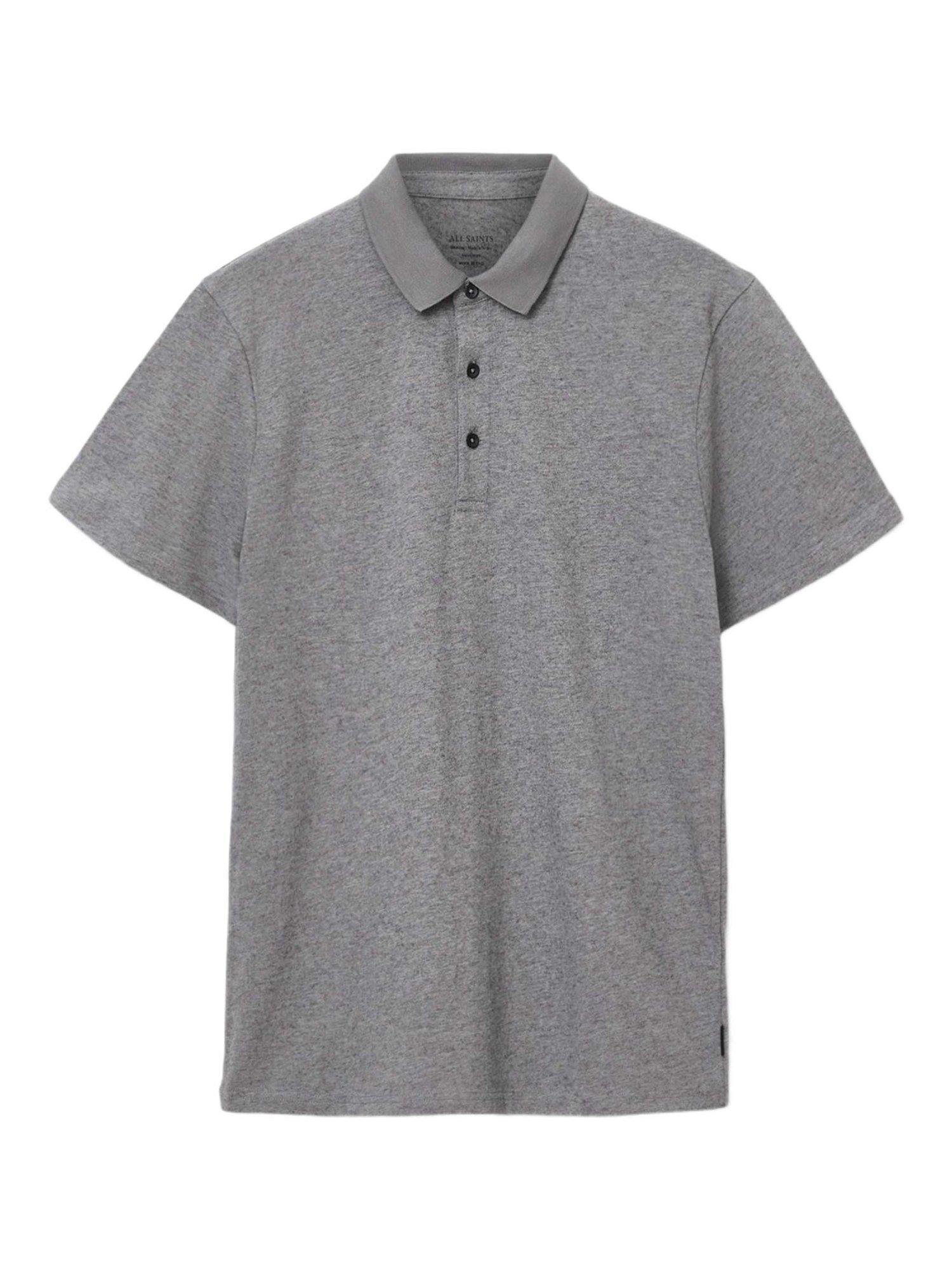 Product image 4 of 9, which shows AllSaints Rowan Cotton Wool Blend Polo Shirt, Grey Mid, XS