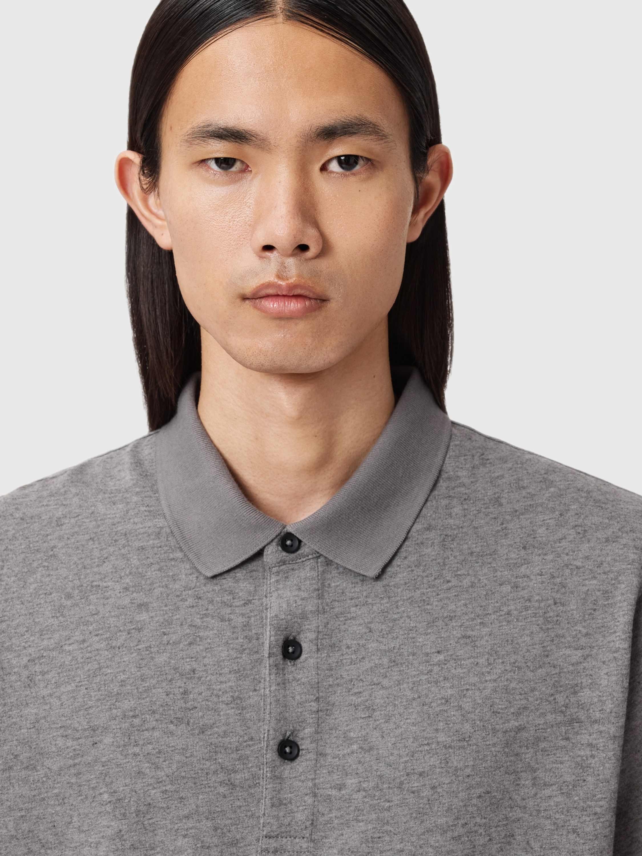 Product image 5 of 9, which shows AllSaints Rowan Cotton Wool Blend Polo Shirt, Grey Mid, XS
