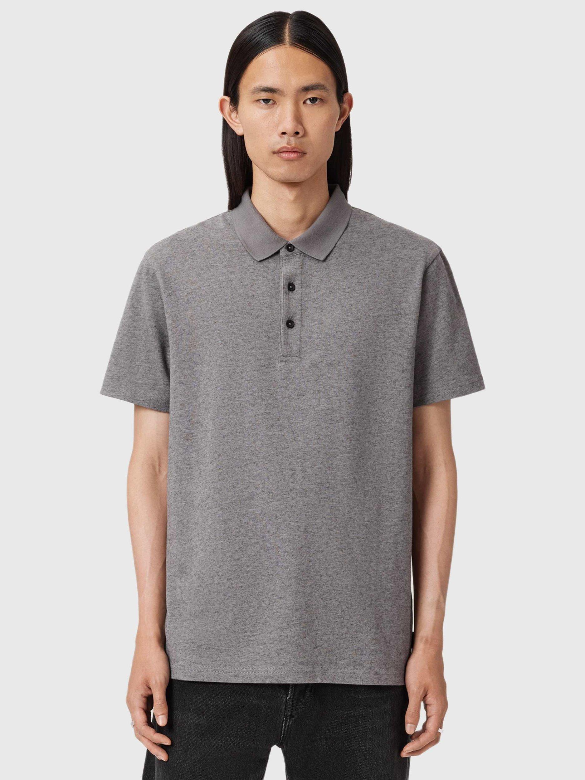 Product image 9 of 9, which shows AllSaints Rowan Cotton Wool Blend Polo Shirt, Grey Mid, XS