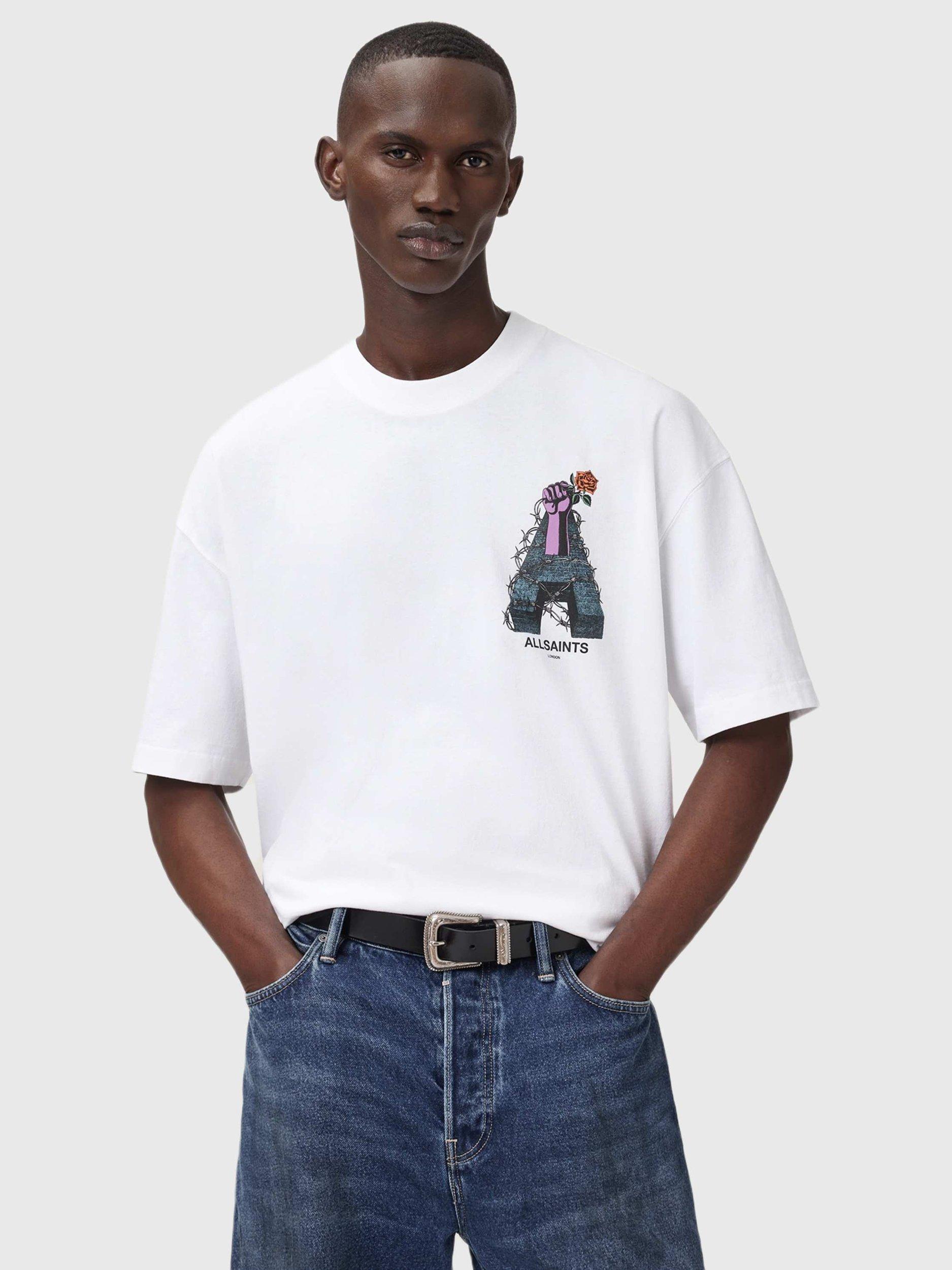 Product image 1 of 10, which shows AllSaints Defiance Oversized Cotton T-Shirt, White/Multi, M