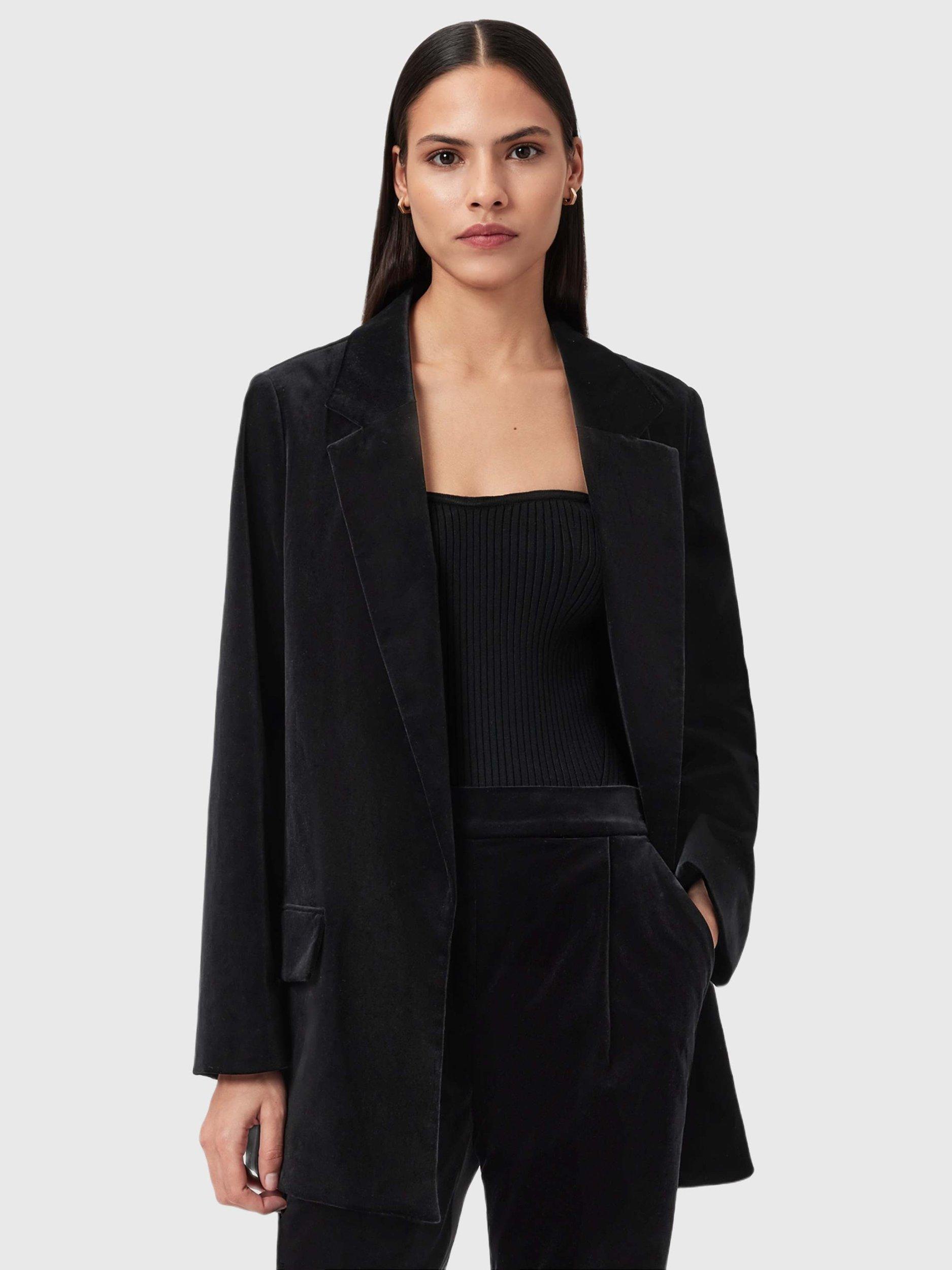 Product image 1 of 6, which shows AllSaints Aleida Cotton Blend Long Sleeve Collar Blazer, Black, 10