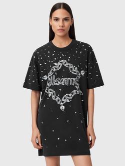 AllSaints Drip Scatter Logo Crew Neck Mini T-Shirt Dress, Washed Black