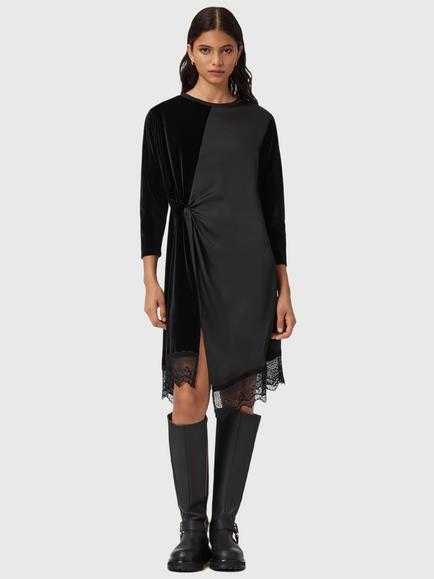 AllSaints Lana Velvet Lace Trim Dress, Black, Black