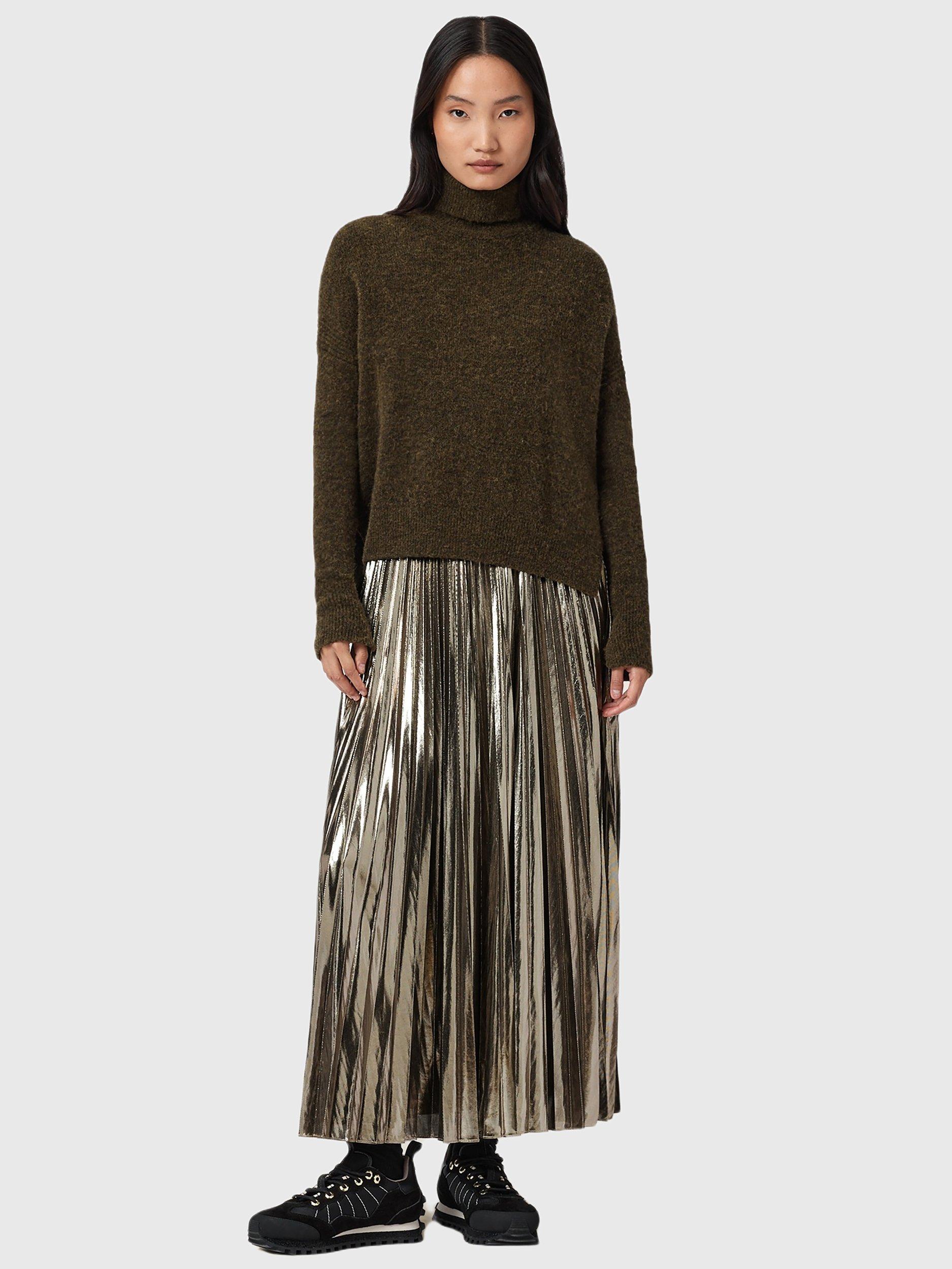 AllSaints Metallic Roll Neck Wool Blend Maxi Dress