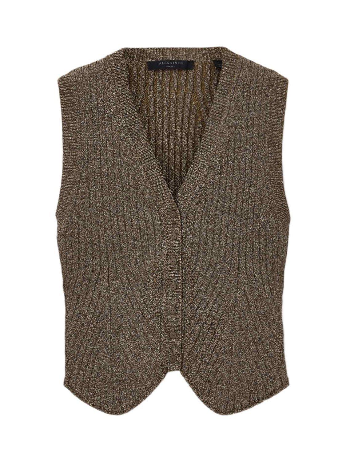Product image 4 of 6, which shows AllSaints Cruz Metallic V-Neck Waistcoat, Bronze Brown, L