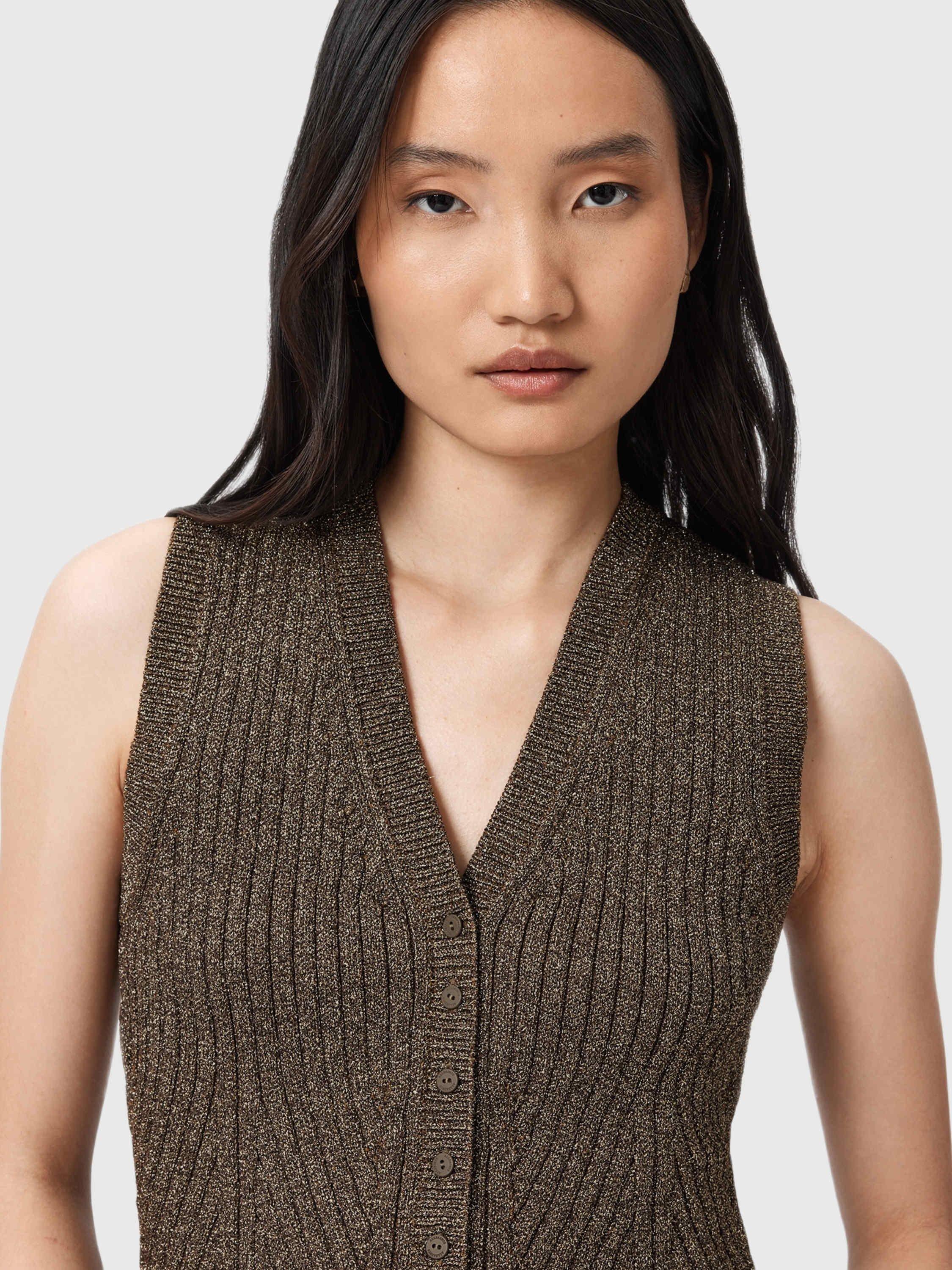 Product image 5 of 6, which shows AllSaints Cruz Metallic V-Neck Waistcoat, Bronze Brown, L