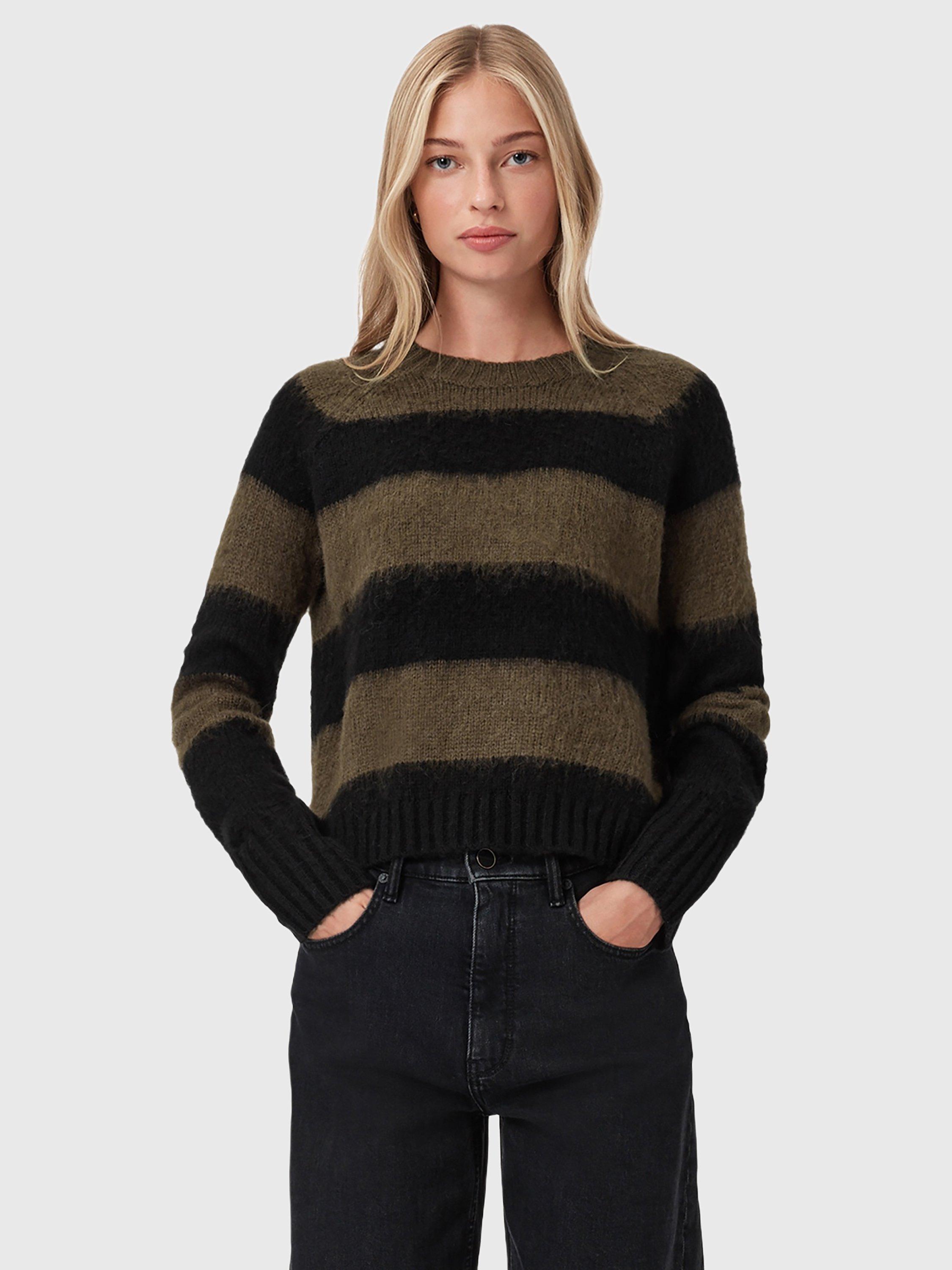 Product image 1 of 7, which shows AllSaints Lou Crew Neck Stripe Jumper, Black/Multi, L