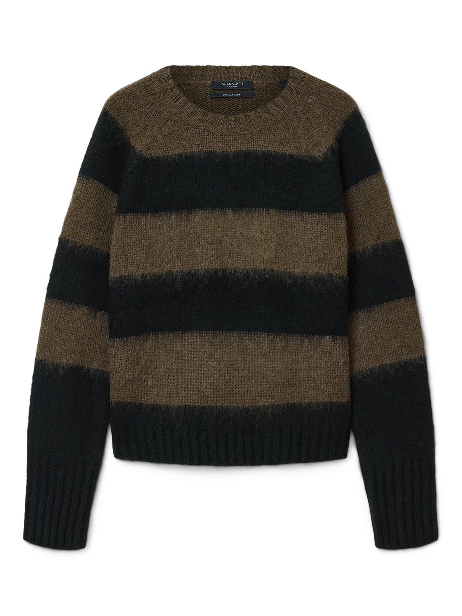Product image 4 of 7, which shows AllSaints Lou Crew Neck Stripe Jumper, Black/Multi, L