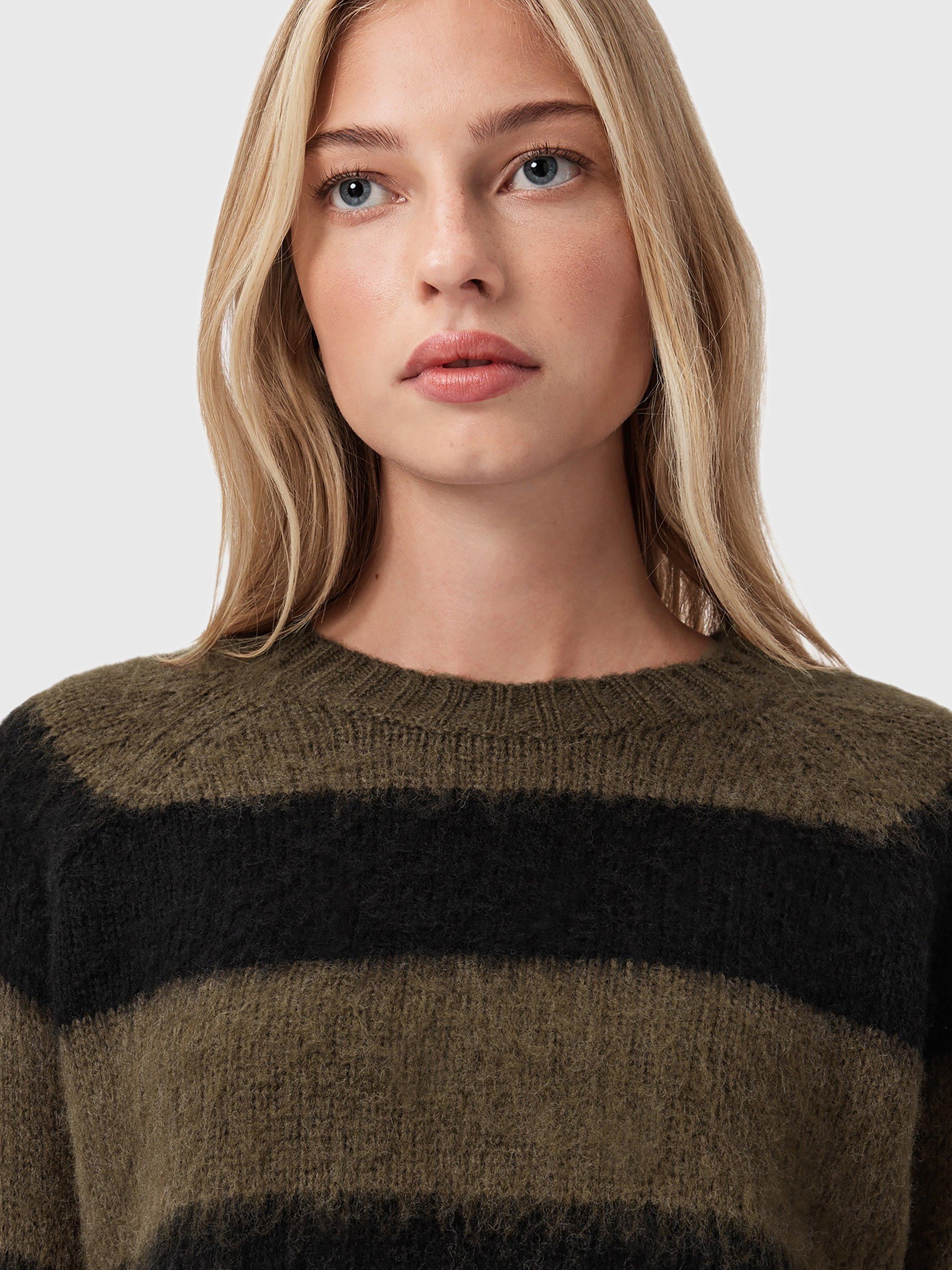 Product image 5 of 7, which shows AllSaints Lou Crew Neck Stripe Jumper, Black/Multi, L