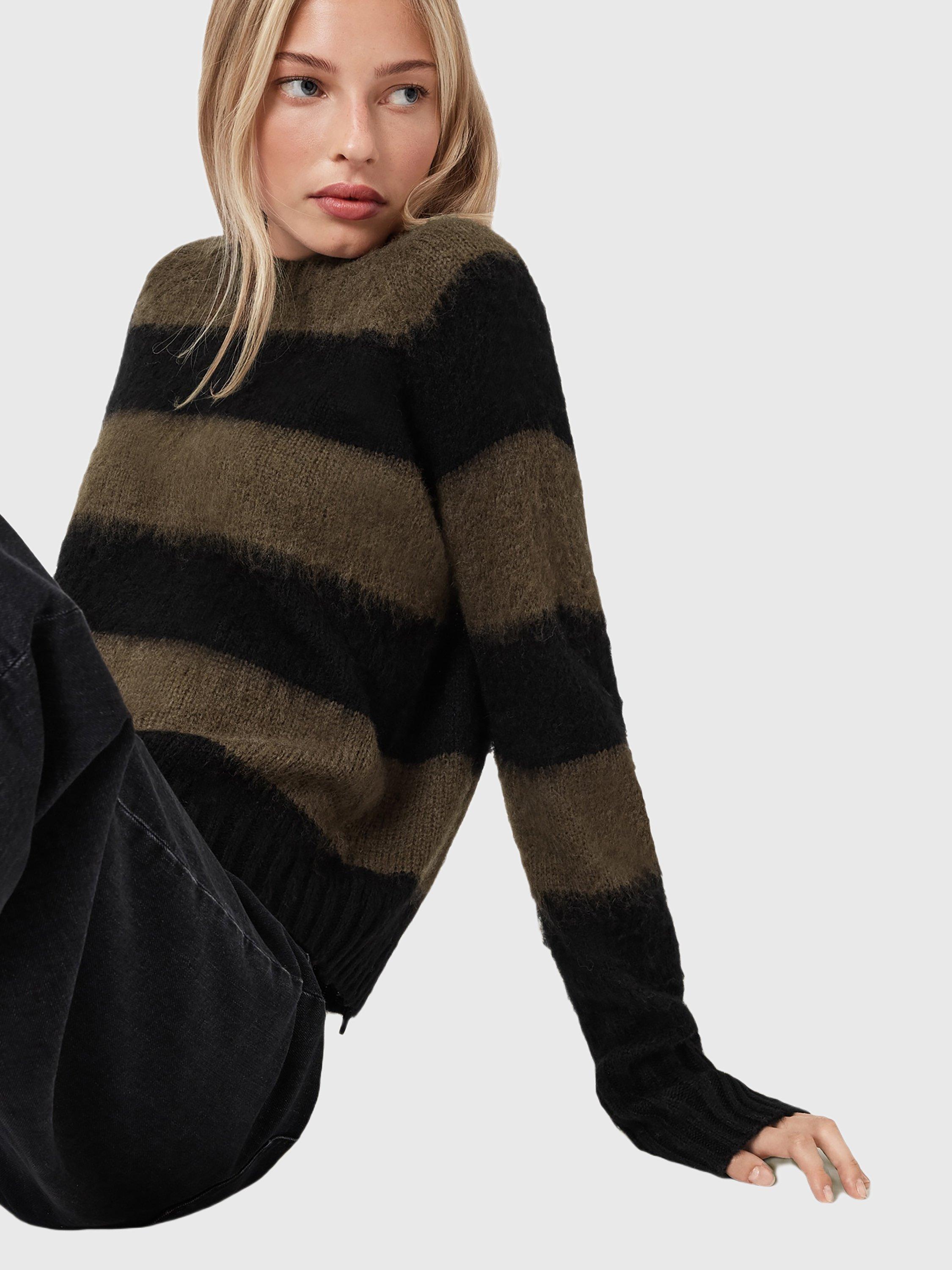 Product image 7 of 7, which shows AllSaints Lou Crew Neck Stripe Jumper, Black/Multi, L
