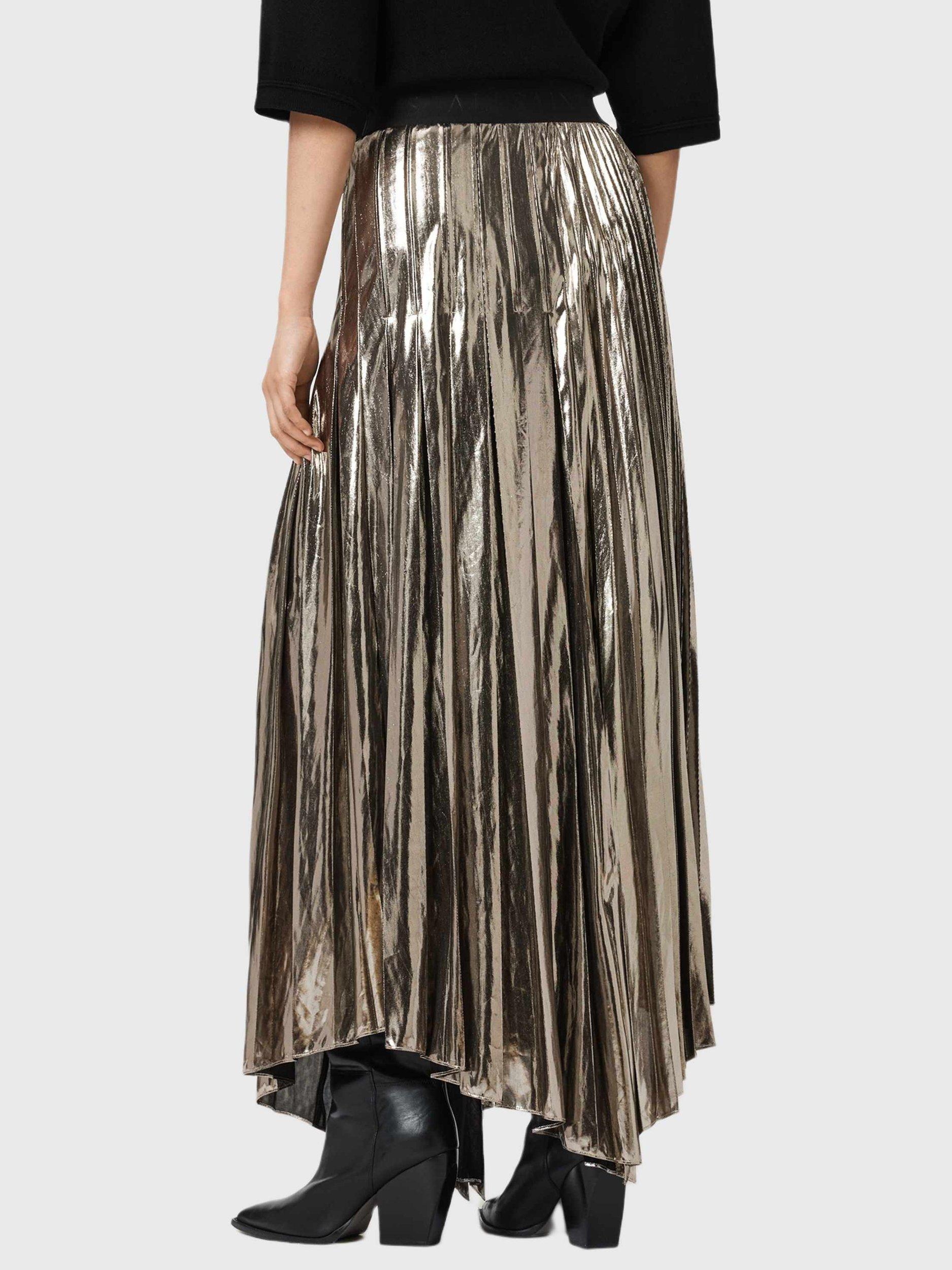 Product image 2 of 8, which shows AllSaints Jax Metallic Pleated Skirt, Gold/Multi, 10